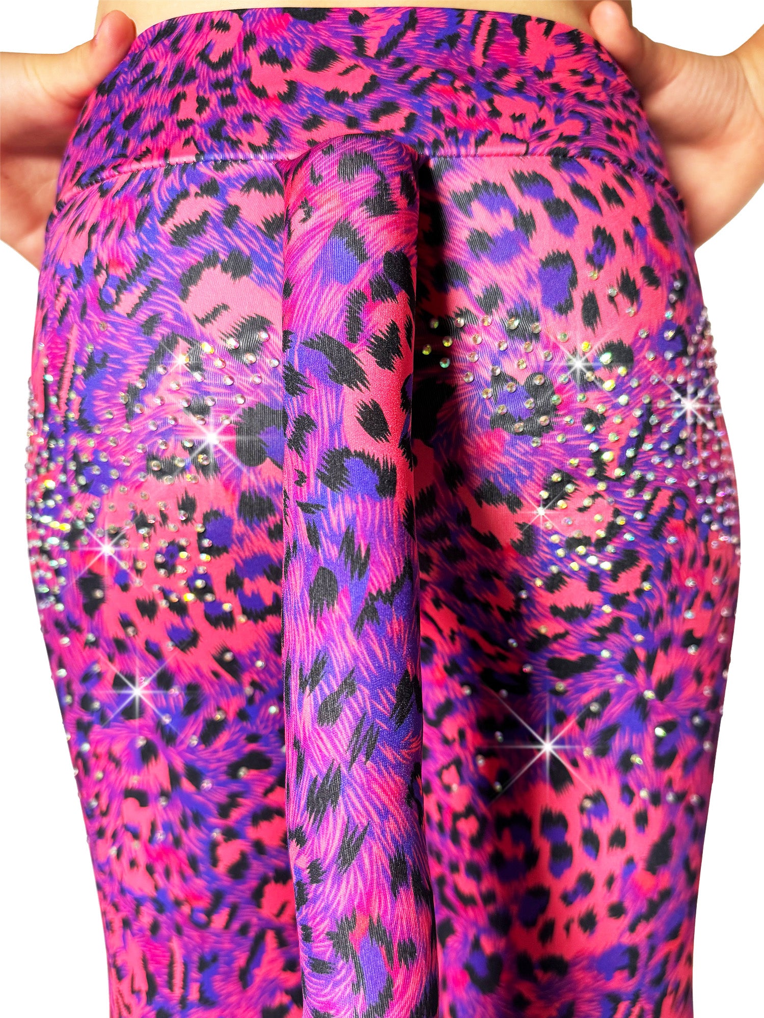 Close up back view of Blue and Red Leggings Leopard Print Tail Pants rhinestones by Tailys