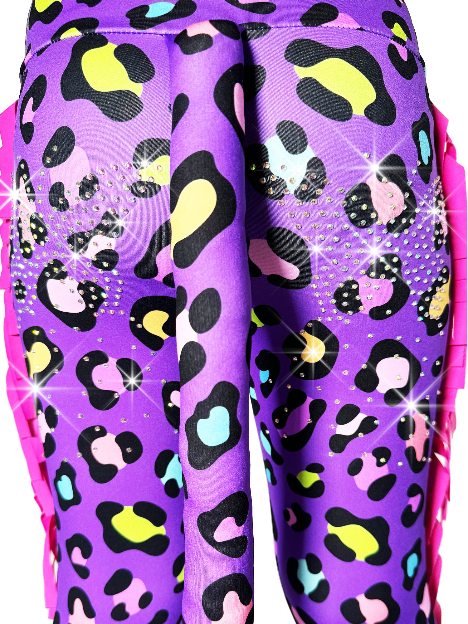 Close up back view of Purple Leopard Print Girls Pants with Frills, Tail and Rhinestones by Tailys.
