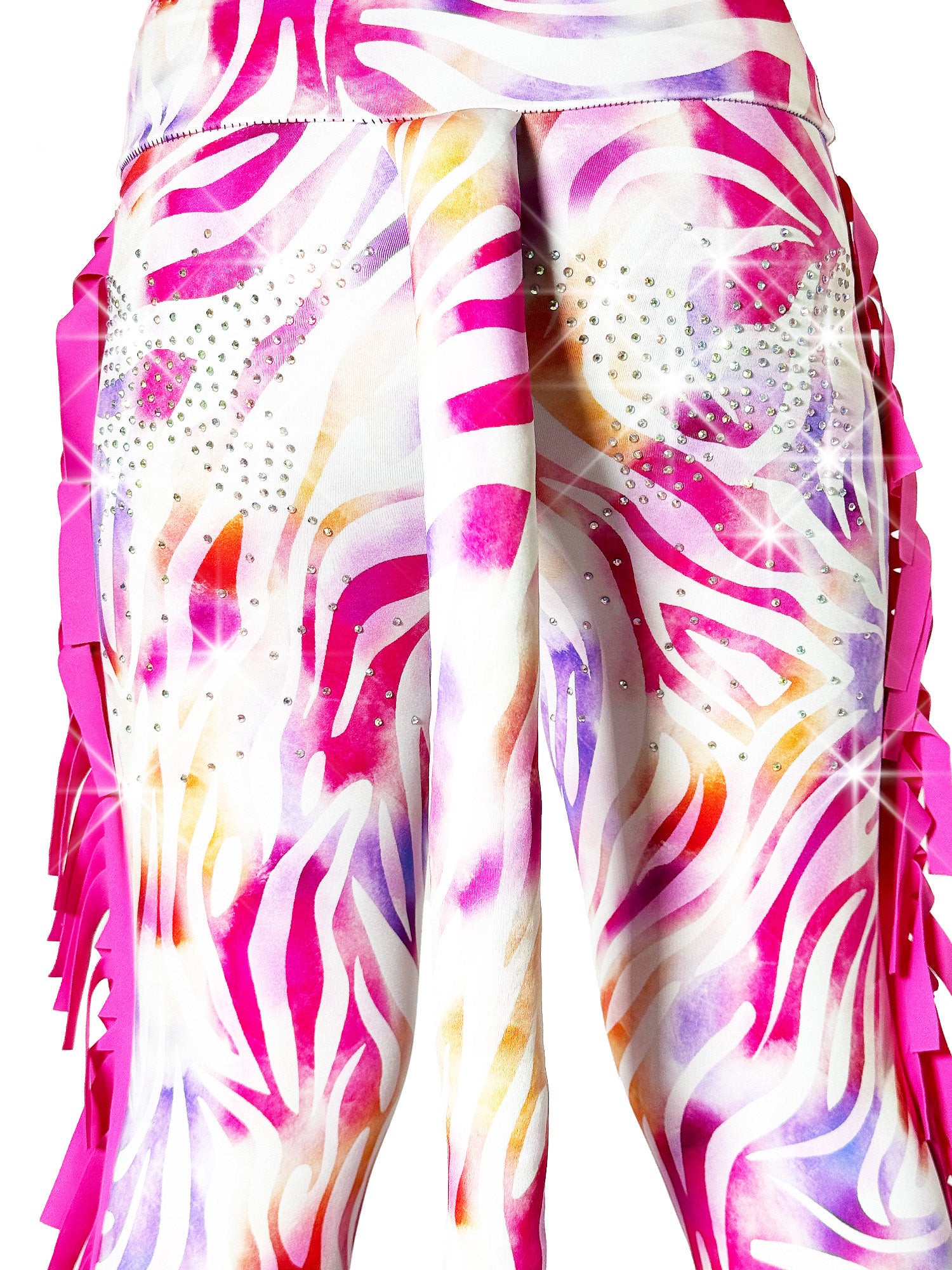 Closeup back view of Zebra Print Leggings Ruffle Pants with Pink Frills and Tail by Tailys