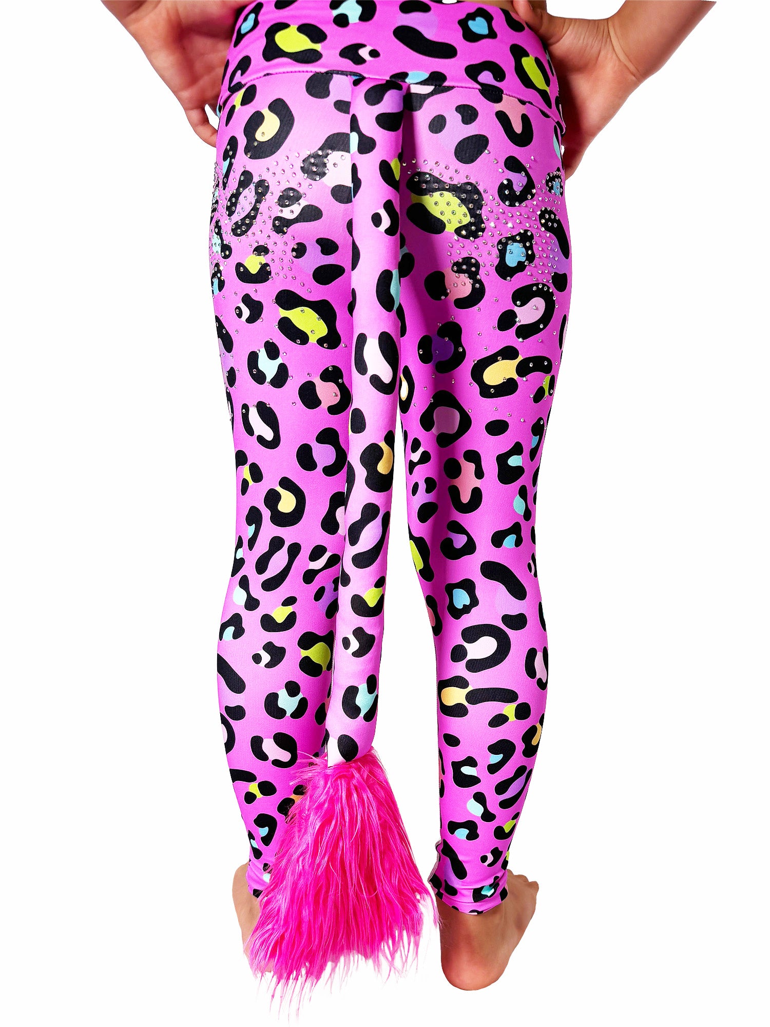 Back view of Pink Leopard Leggings Rhinestones Tail Pants for Girls by Tailys.