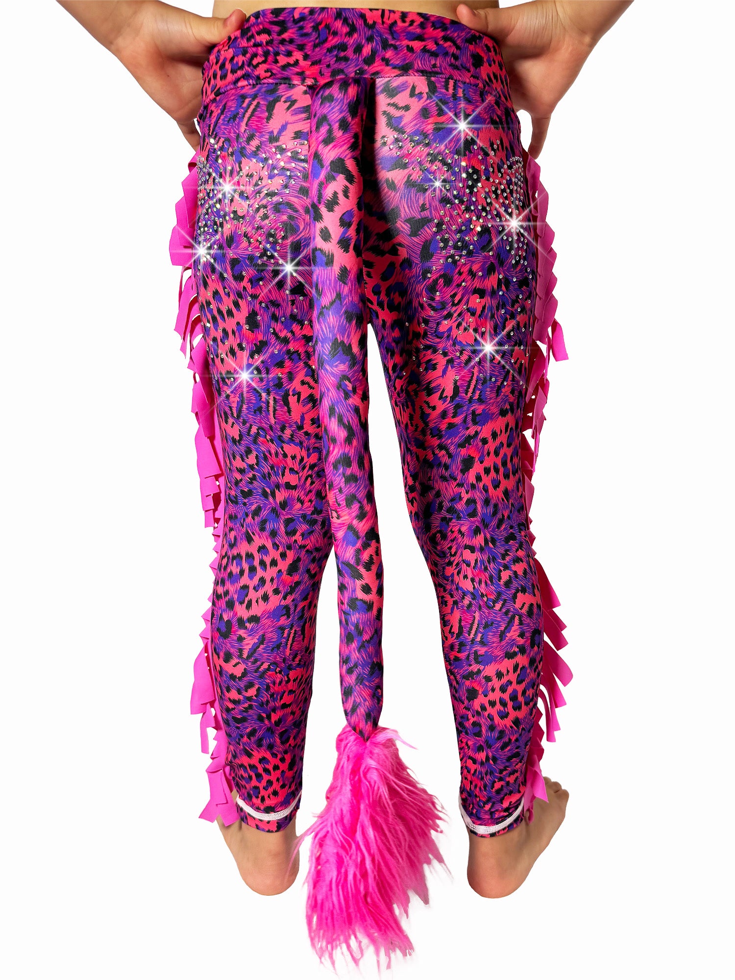 Back view of Red and Blue Leggings Leopard Print Tail Pants with Ruffles and rhinestones for girls by Tailys.