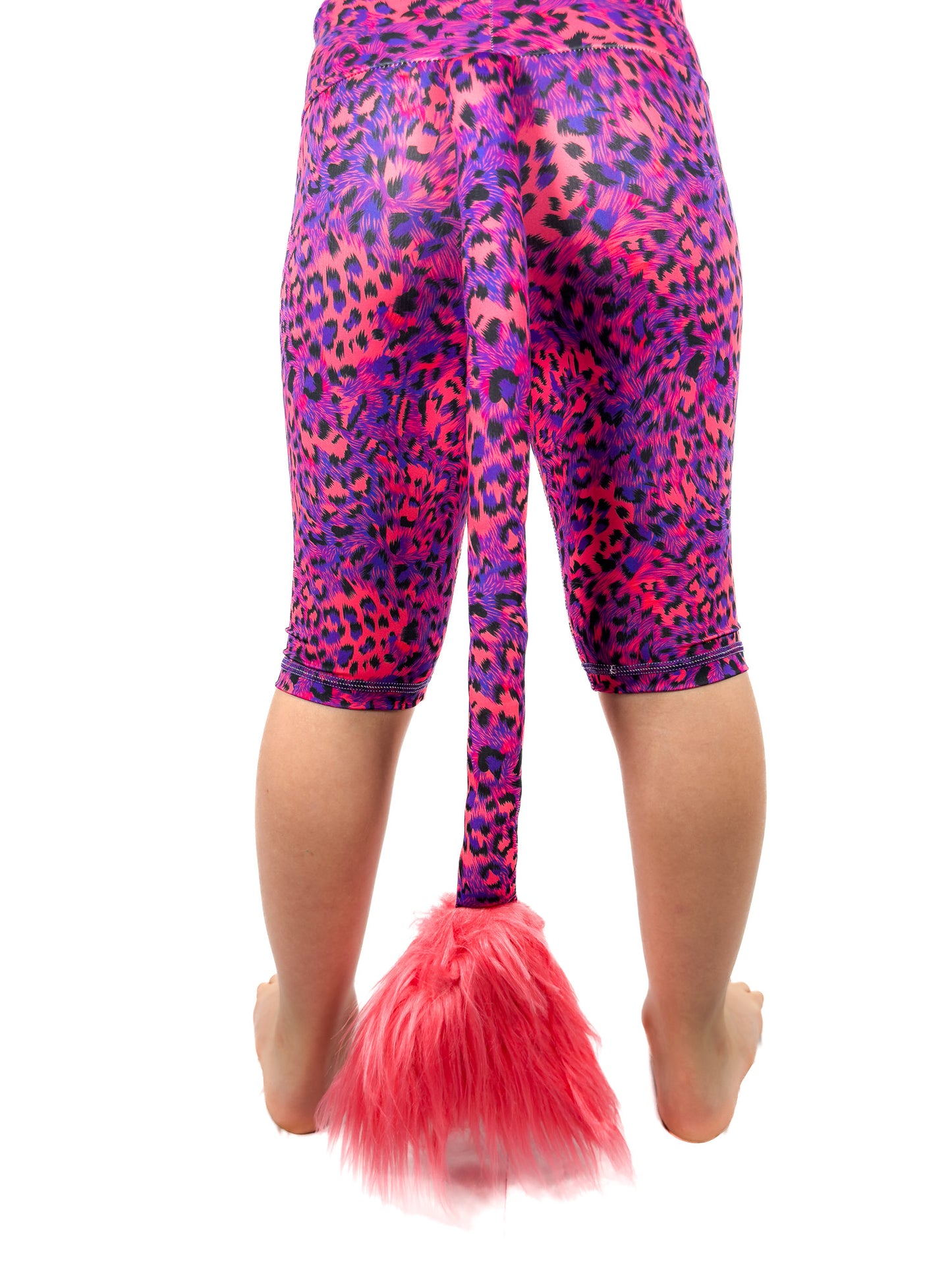 Back view of Tailys, girls shorts, blue red leopard print leggings tail pants.