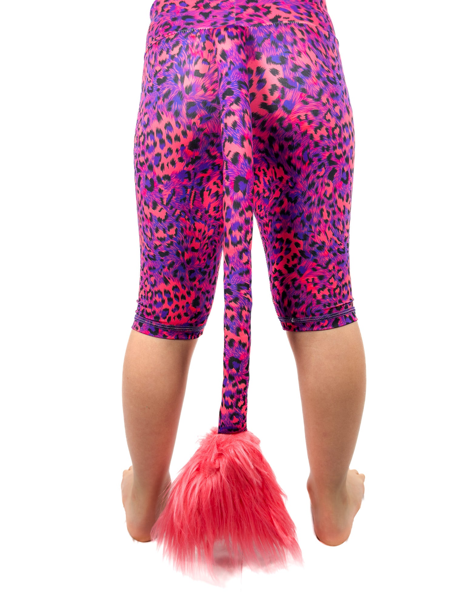 Back view of Tailys, girls shorts, blue red leopard print leggings tail pants.