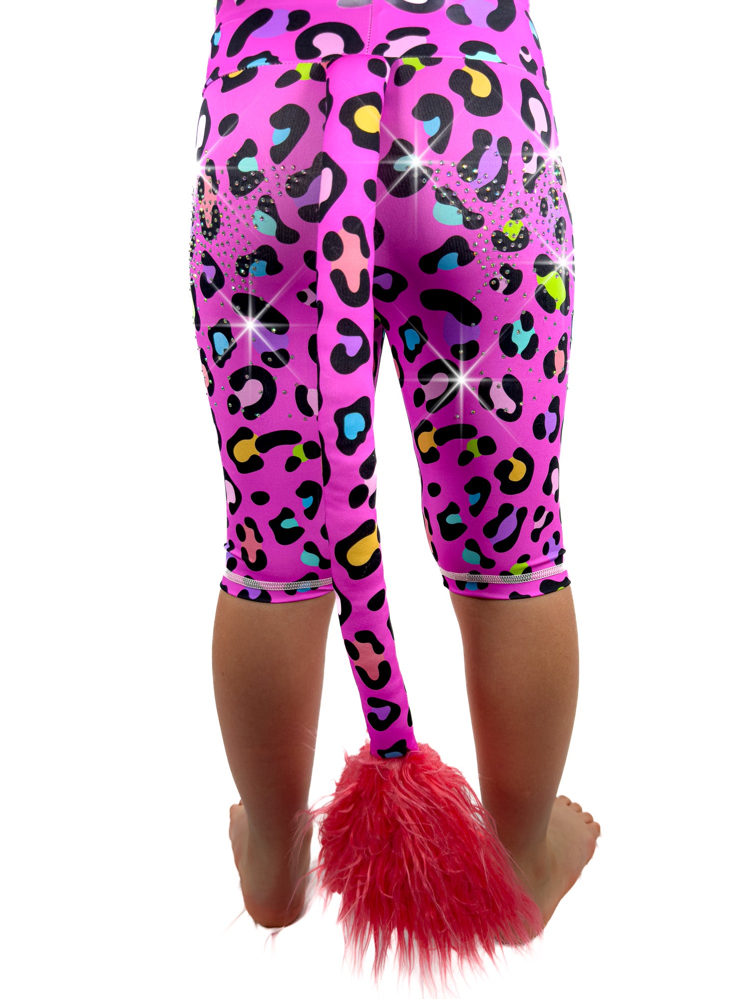 Back view of Tailys sparkly rhinestone shorts for girls leopard print pink leggings tail pants.