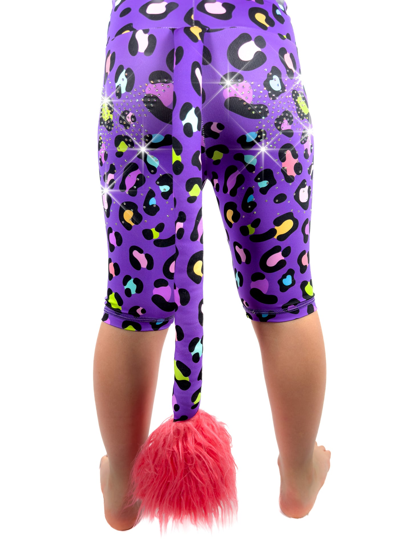 Back view of Tailys sparkly rhinestone shorts for girls purple leopard print leggings tail pants.