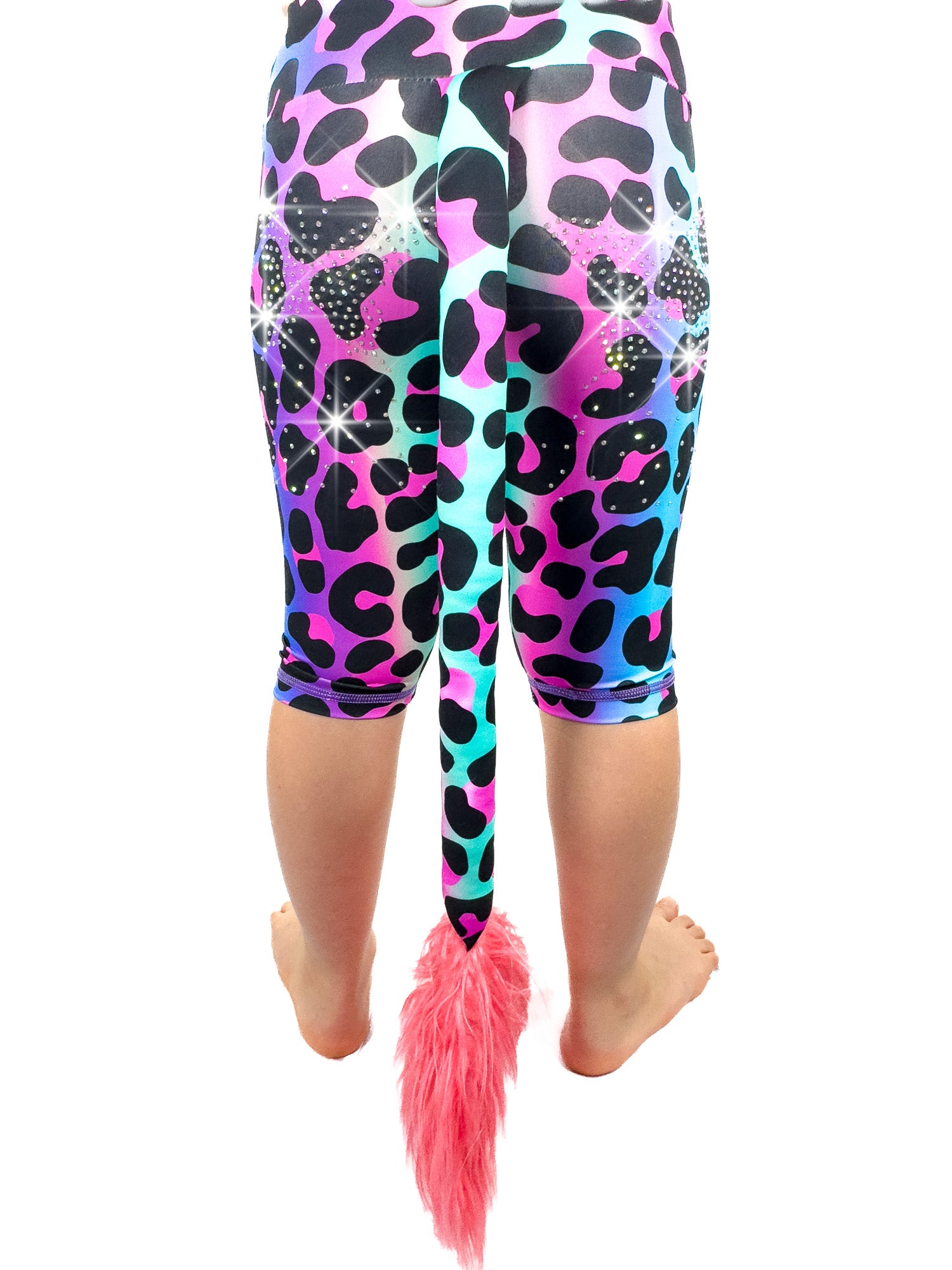 Back view of Tailys sparkly rhinestone shorts for girls rainbow leopard leggings tail pants.