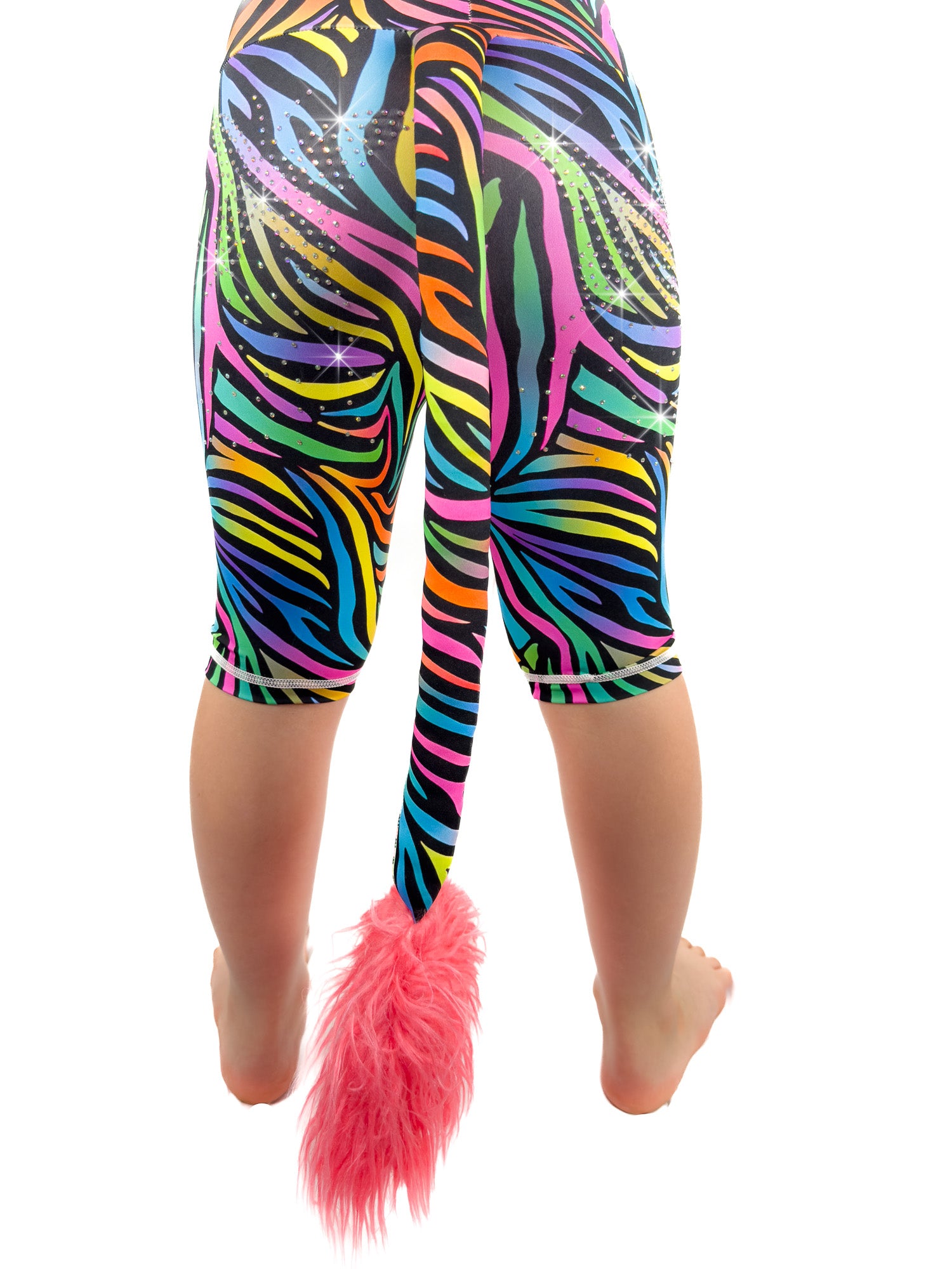 Close up back view of rhinestone Tailys kids shorts for girls rainbow zebra leggings tail pants.