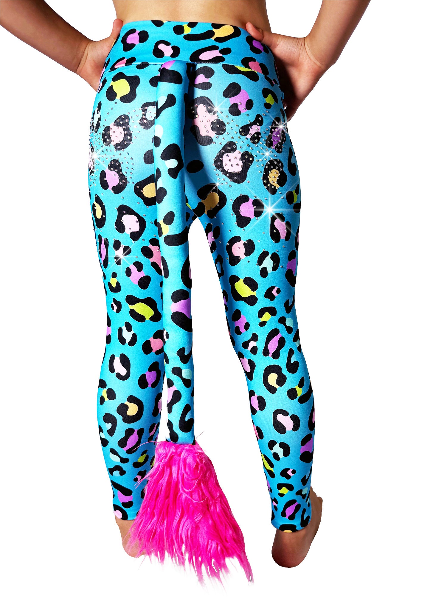 Back view of Blue Leopard Leggings Rhinestones Kids Tail Pants by Tailys