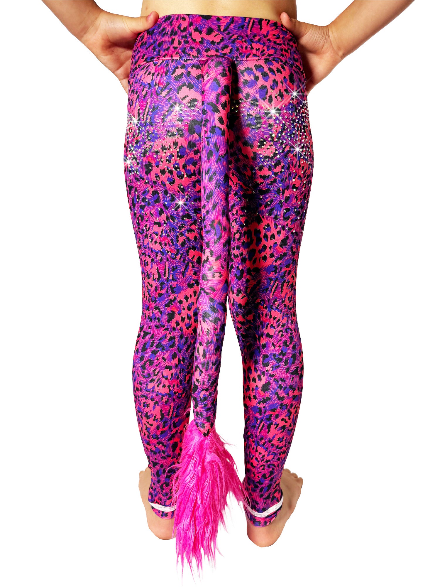 Back view of Blue and Red Leggings Leopard Print Tail Pants rhinestones by Tailys