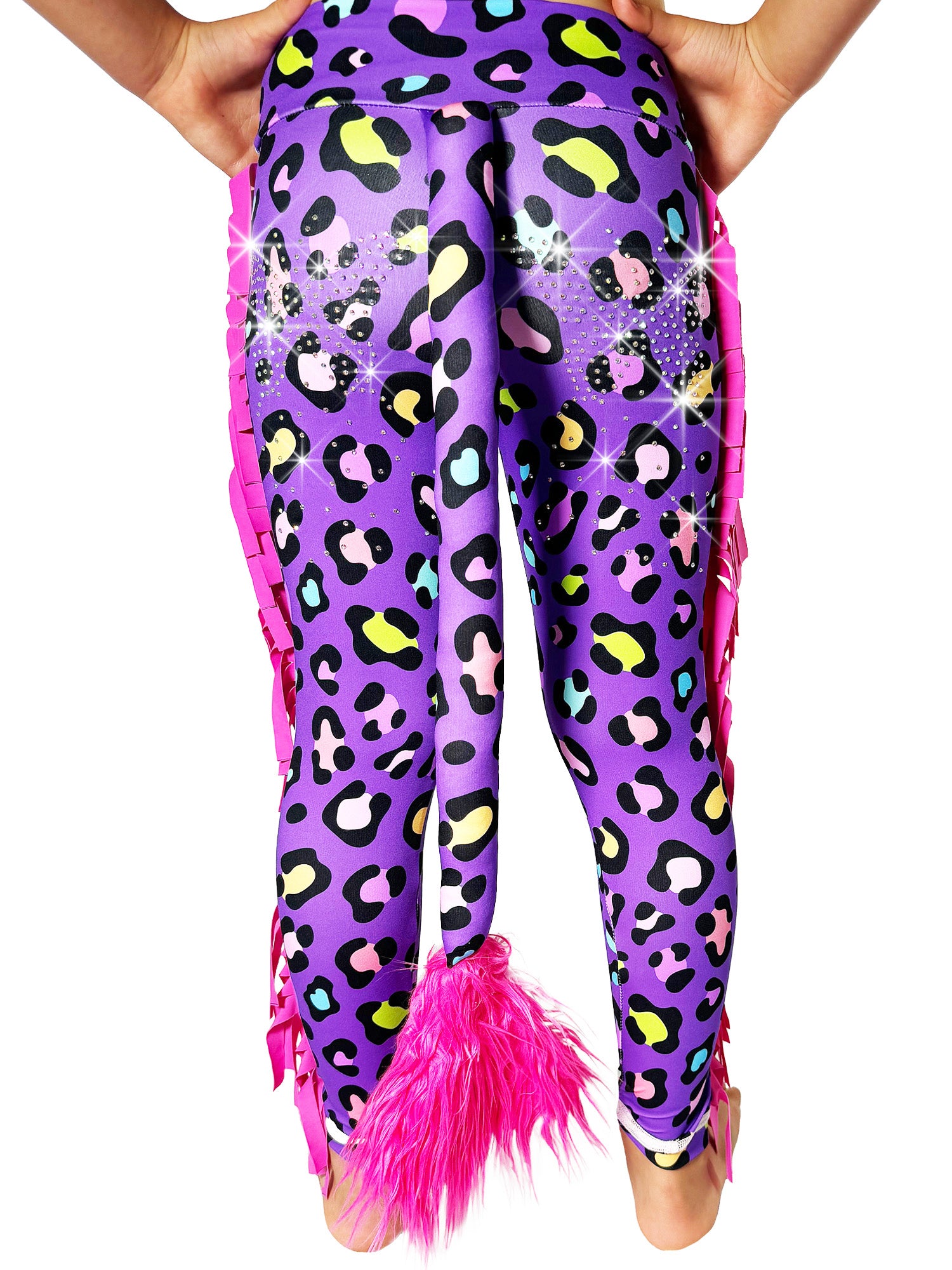 Back view of Purple Leopard Print Girls Pants with Frills, Tail and Rhinestones by Tailys.