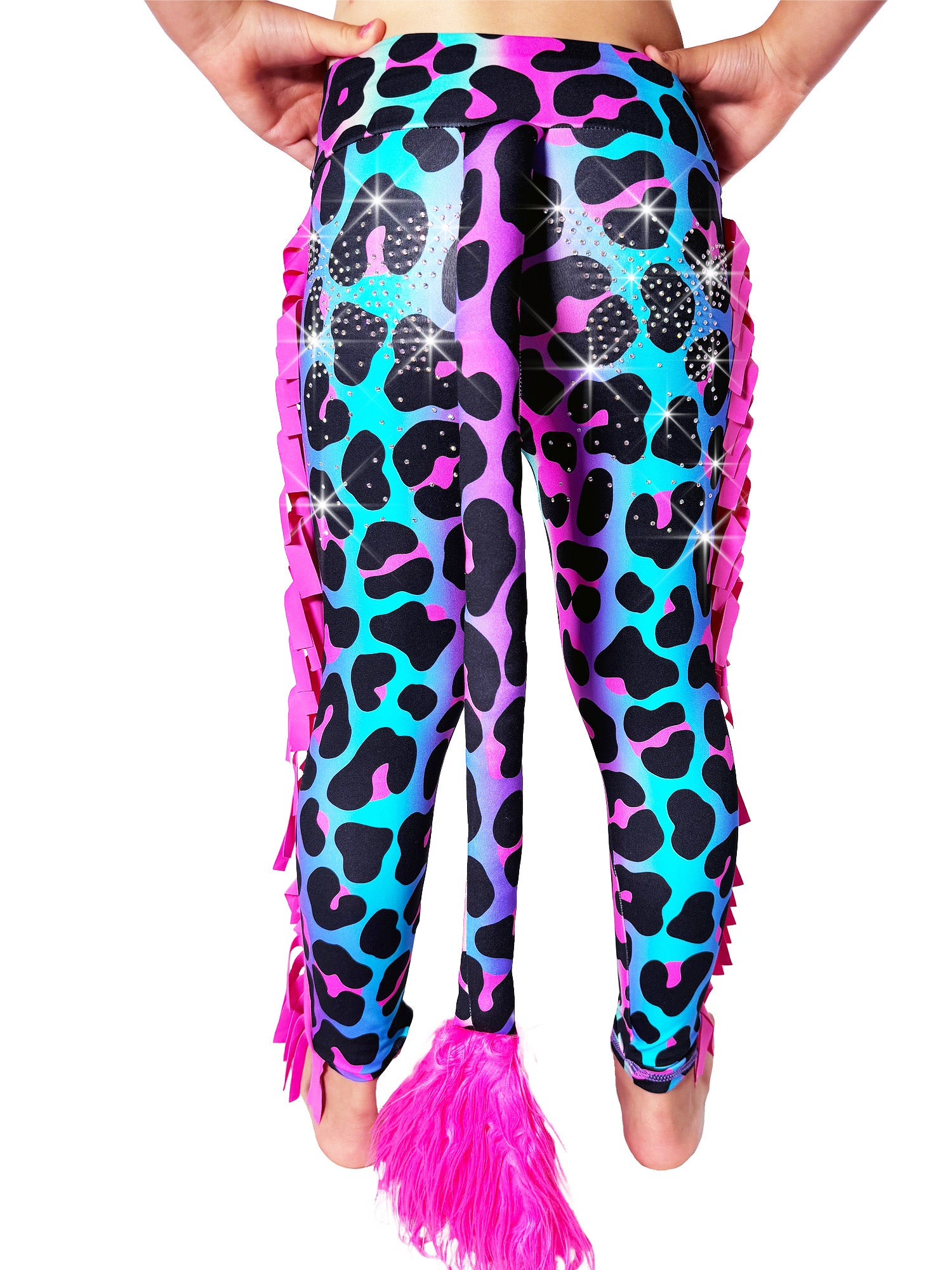 Back view of Rainbow Leopard print Leggings Tail Pants with Frills by Tailys.