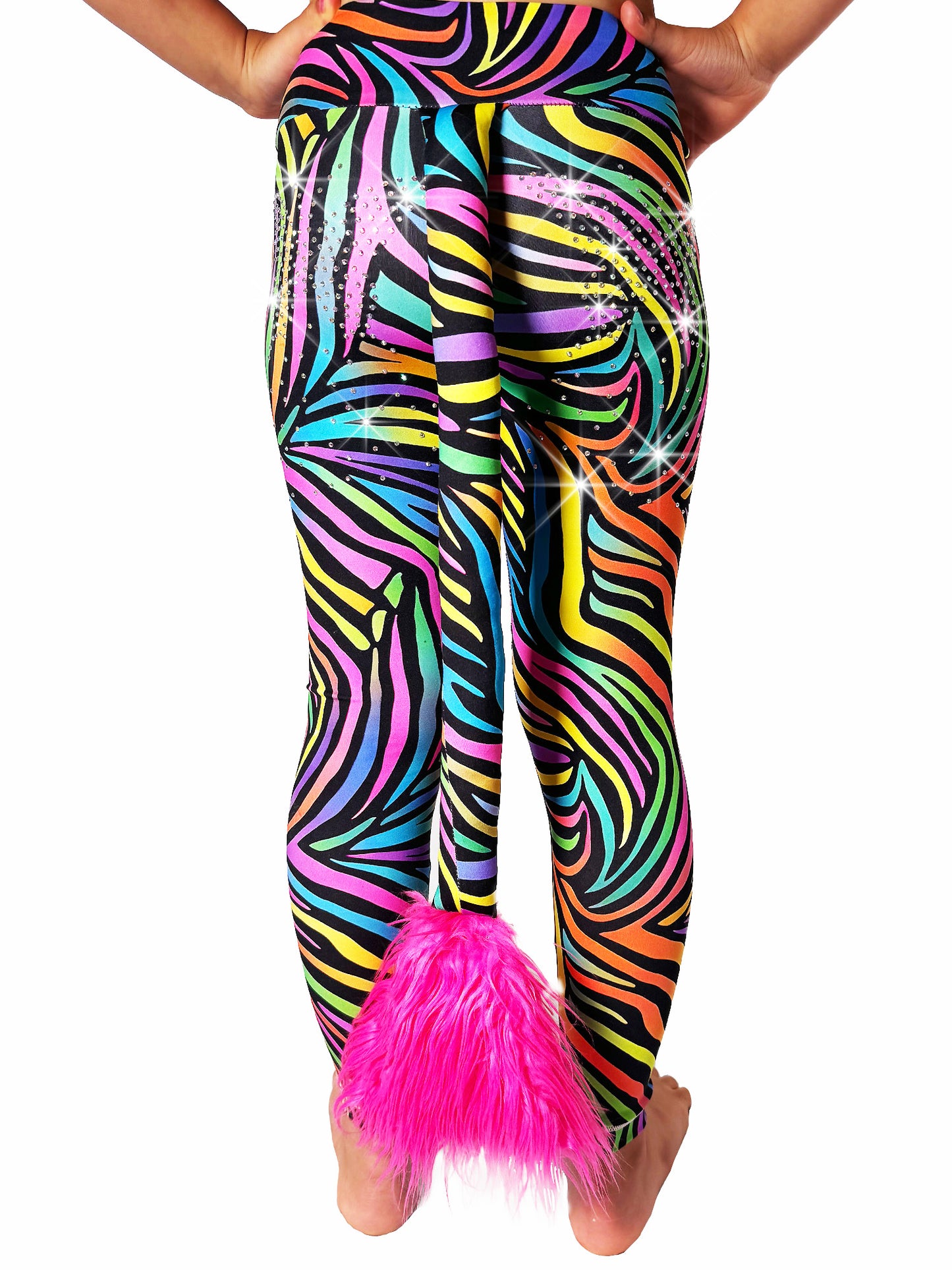Back view of Rainbow Zebra Leggings Rhinestone tail pants by Tailys.