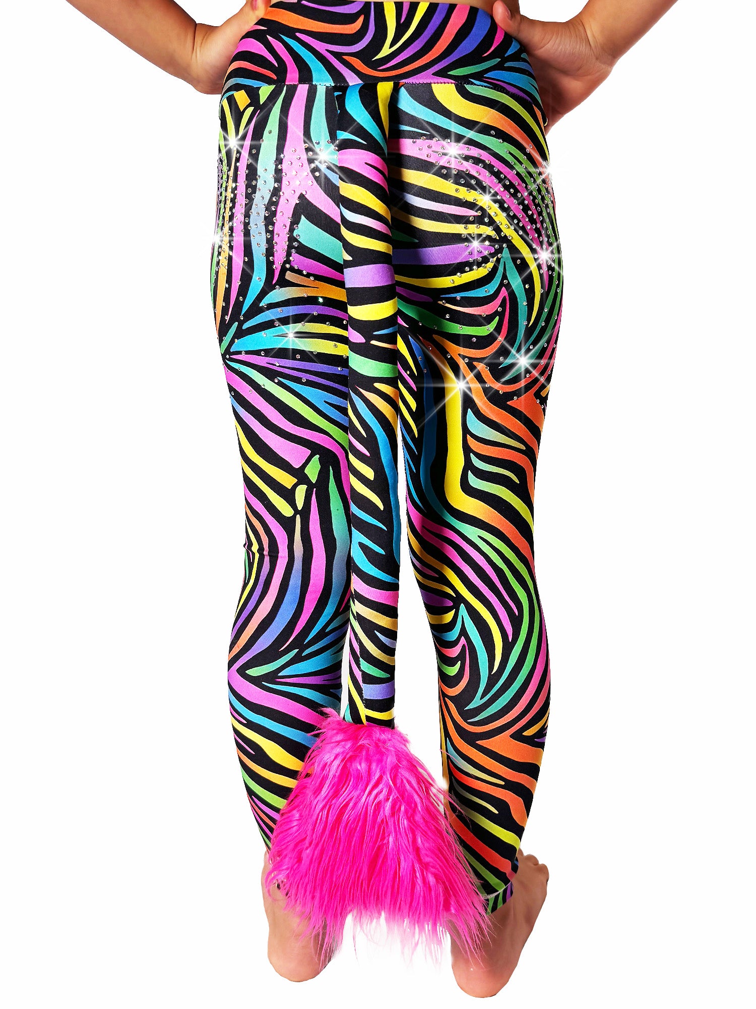 Back view of Rainbow Zebra Leggings Rhinestone tail pants by Tailys.