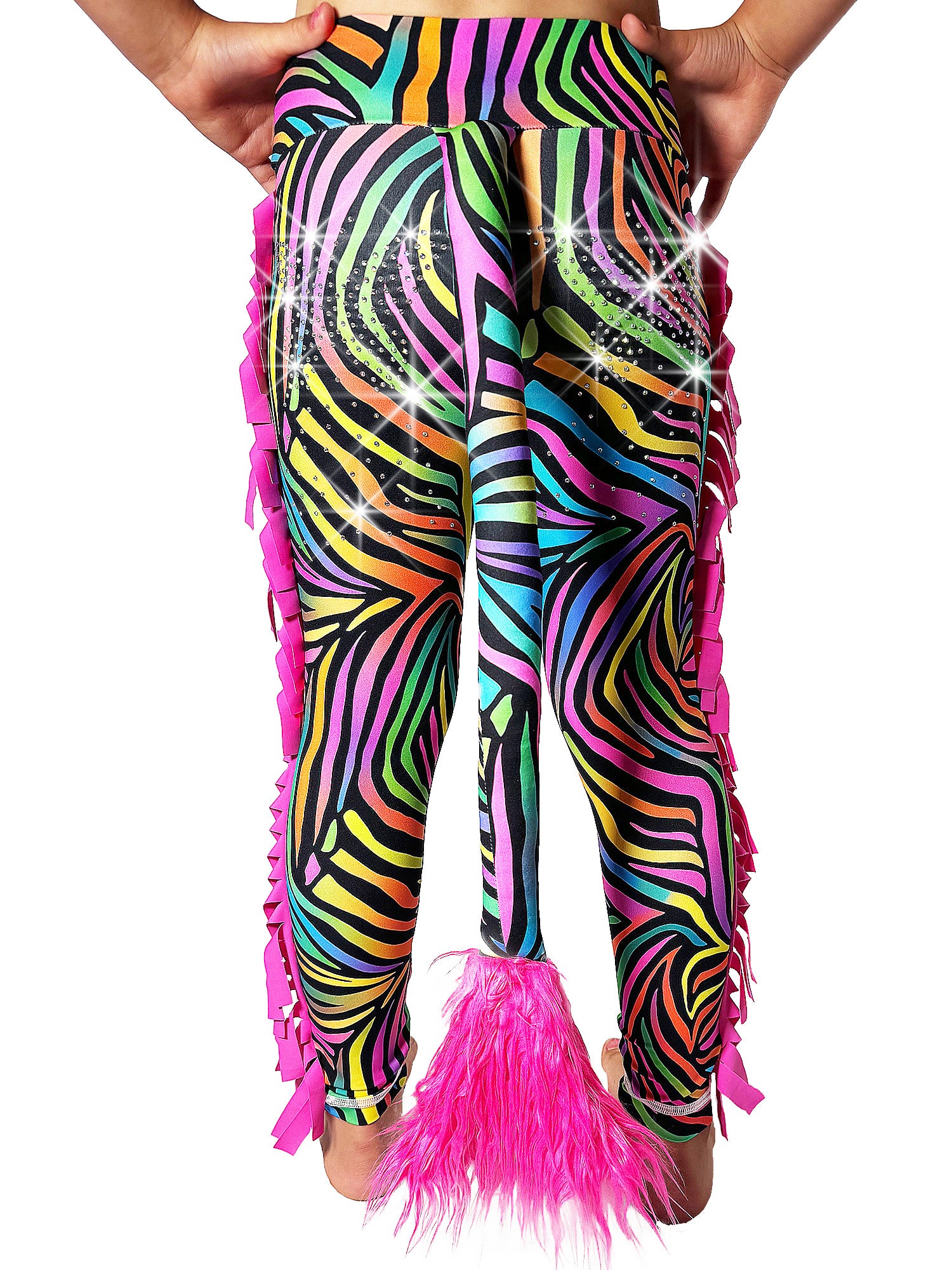 Back view of Rainbow Zebra Print Leggings Tail Pants with Ruffles by Tailys