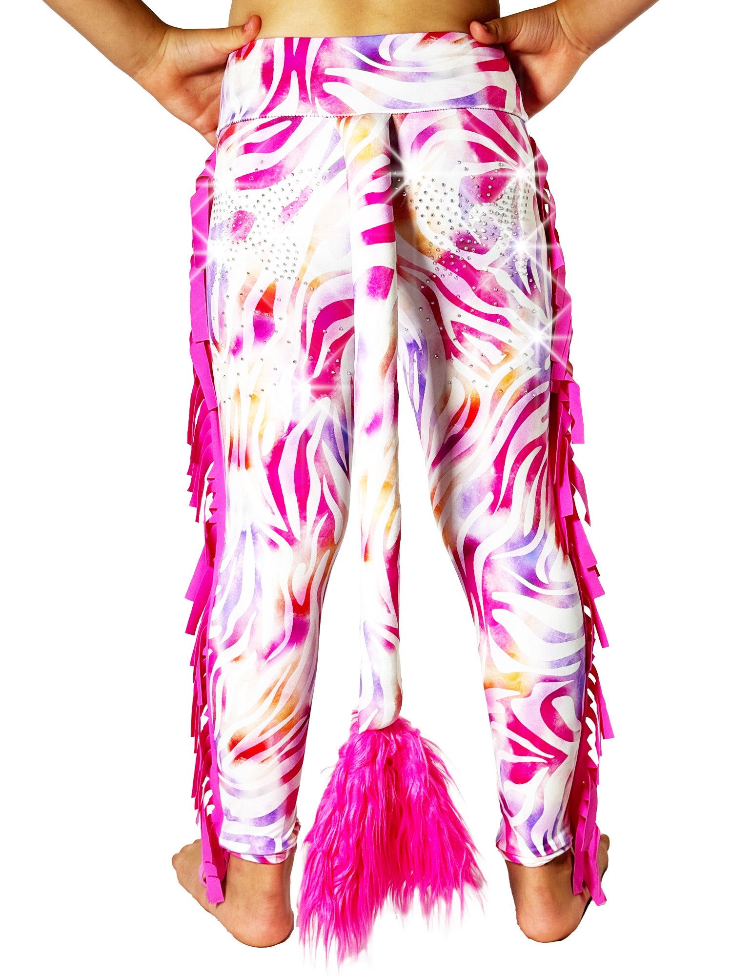 Back view of Zebra Print Leggings Ruffle Pants with Pink Frills and Tail by Tailys