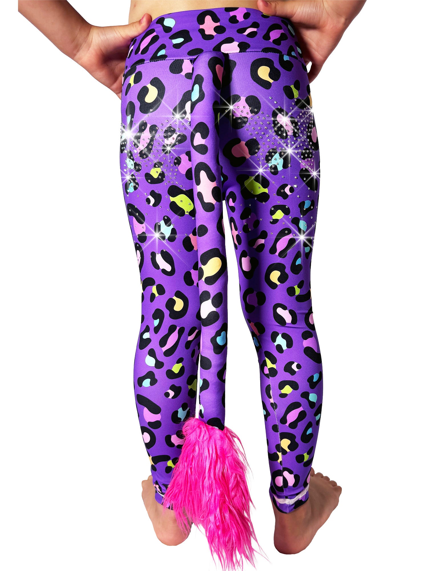 Back view of Tailys custom yoga pants leggings, purple leopard fabric, with a beautiful tail and sparkling rhinestones