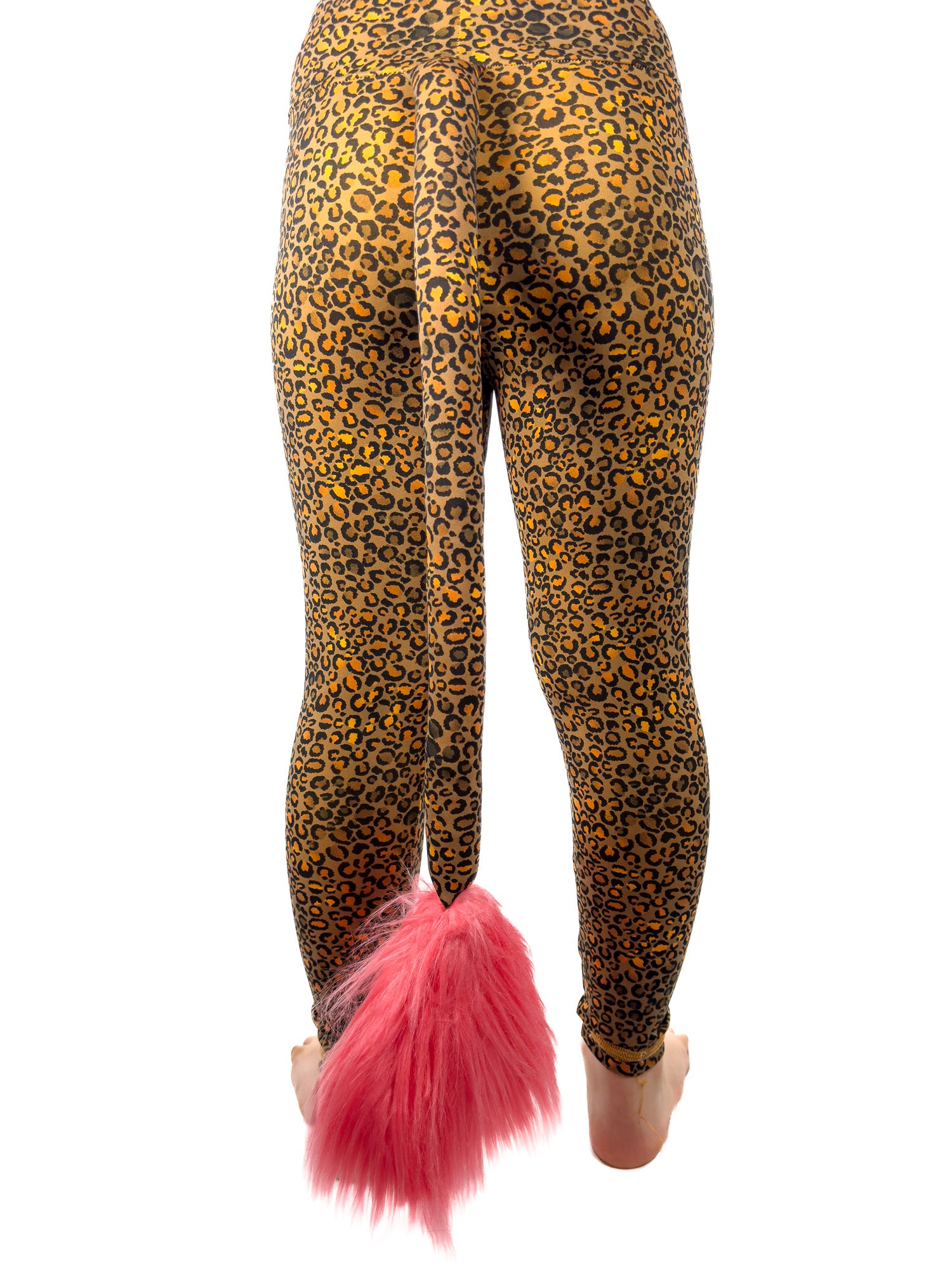 Back view of original brown, cheetah leggings with rhinestones girls tail pants.