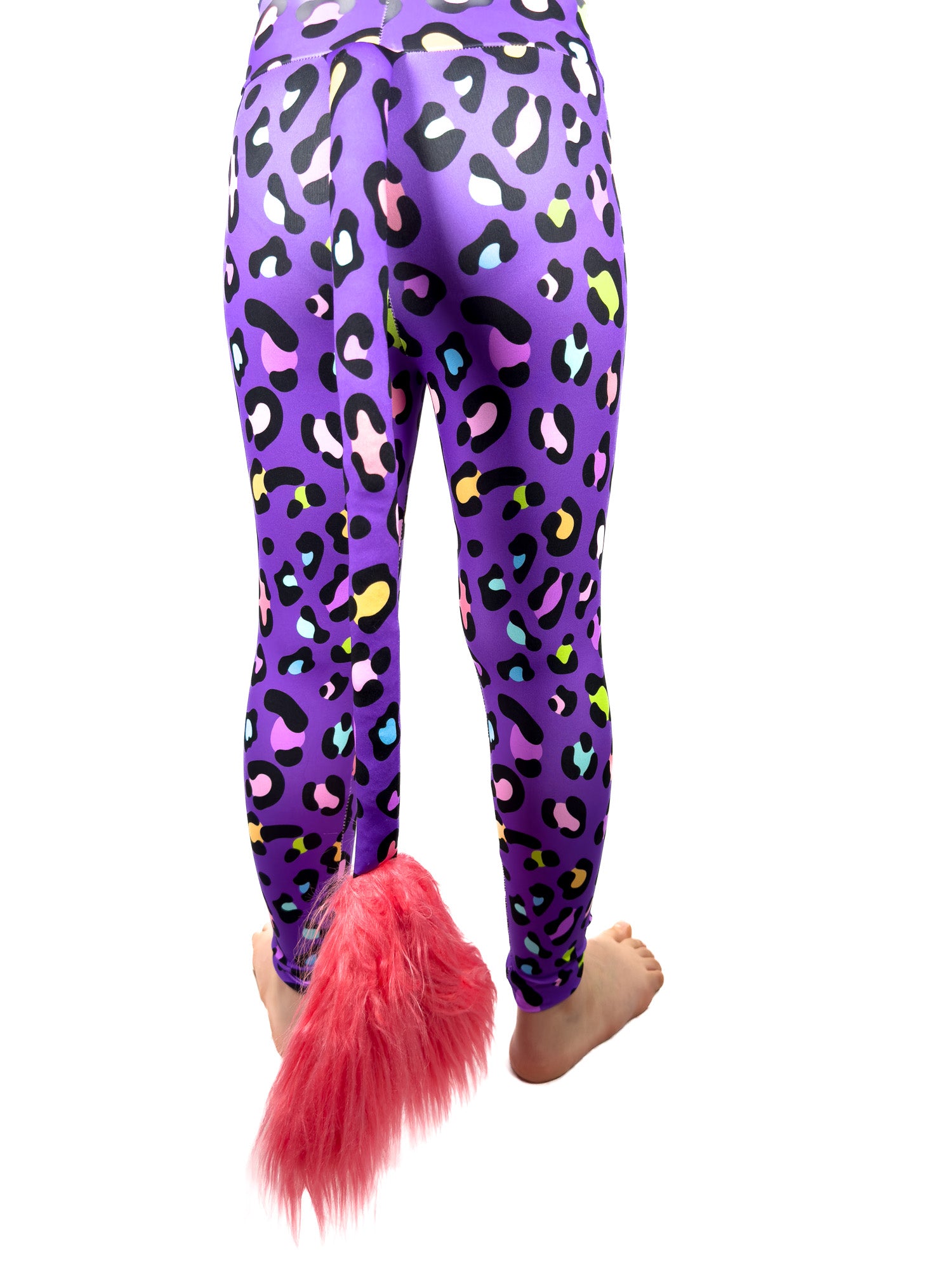 back view of Original Purple Cheetah Print Girls Athletic Leggings with Tail by Tailys.