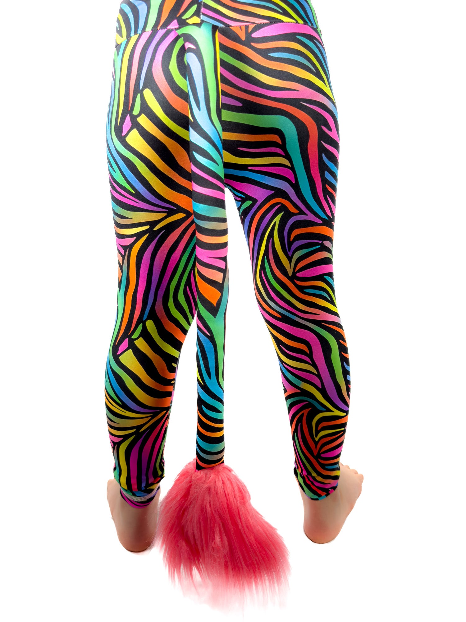 Back view of original rainbow zebra leggings with rhinestones girls tail pants.