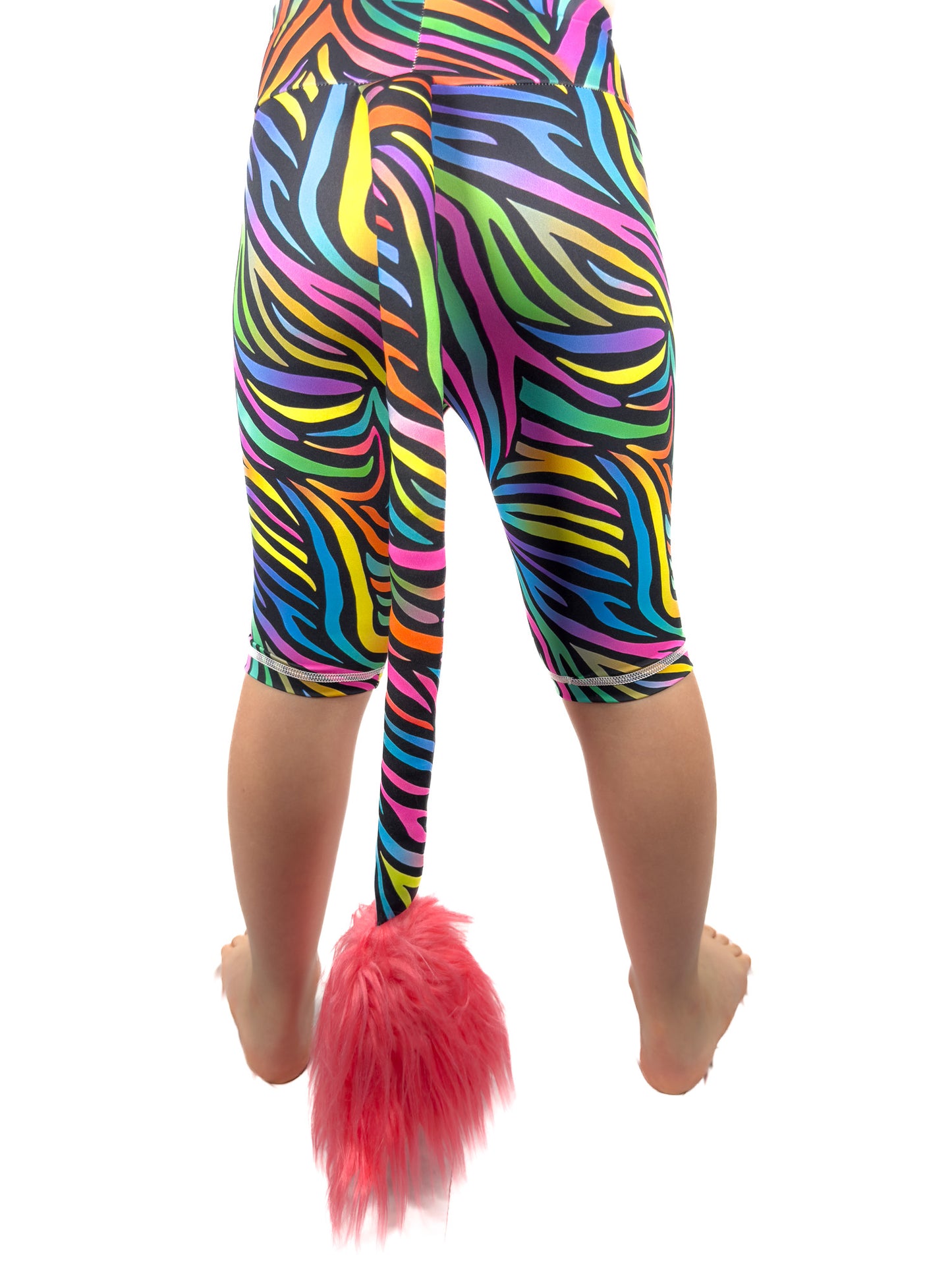 Back view of Tailys kids shorts for girls rainbow zebra leggings tail pants.