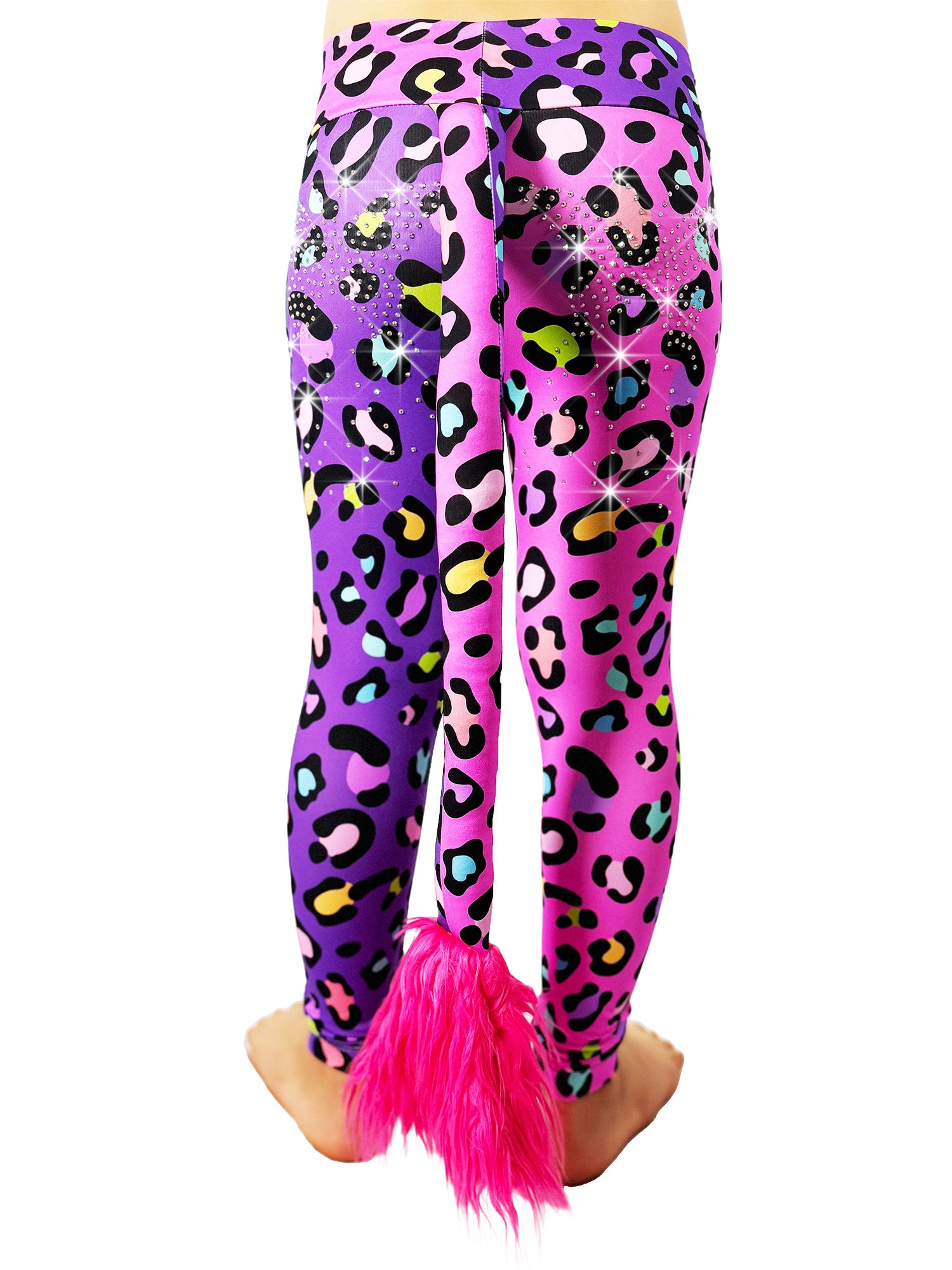 Back view of Tailys two tone leggings girls tail pants, pink and purple Cheetah print fabric with rhinestones.