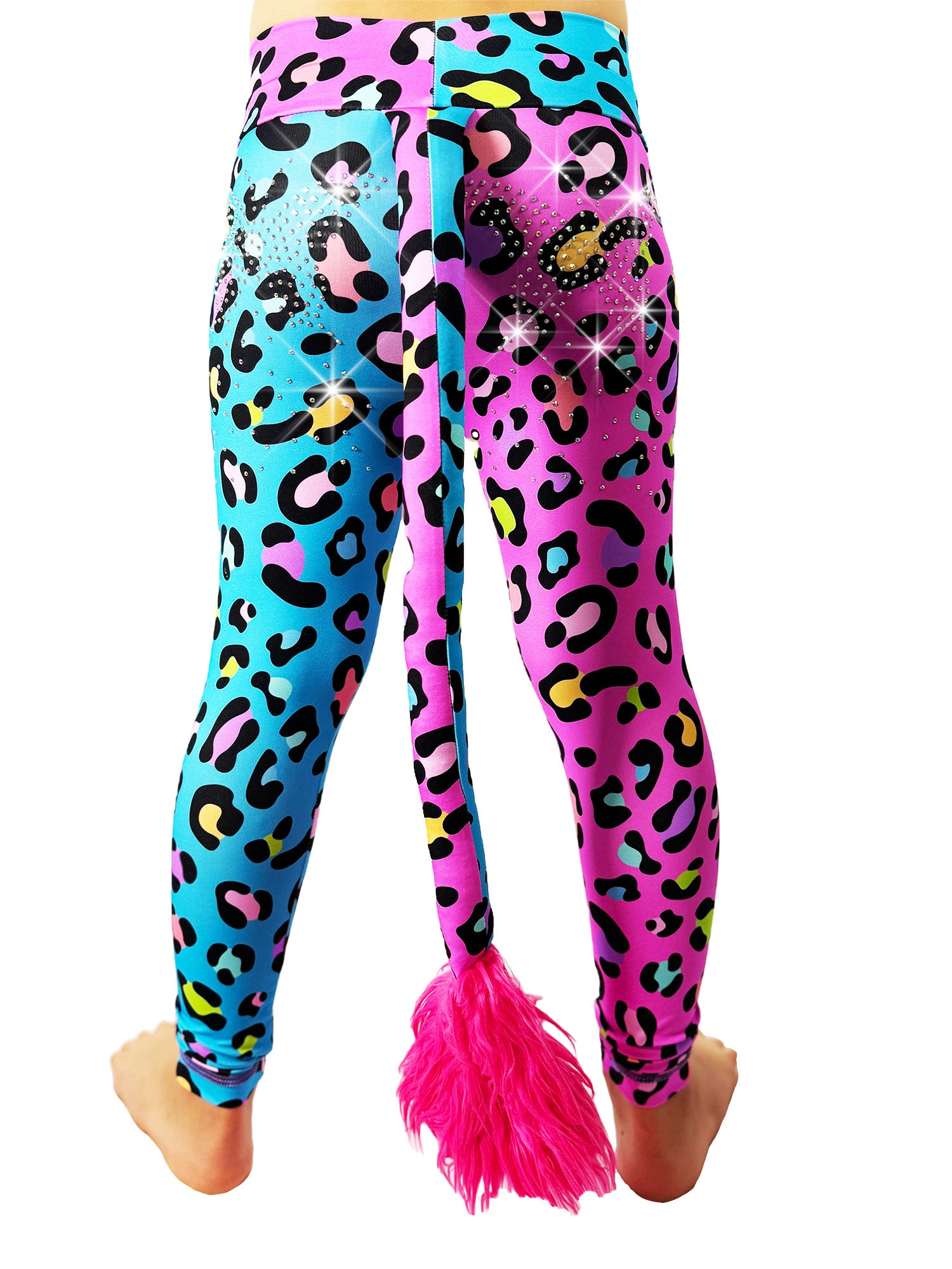 Back view of two Tone Pants Girls with Tail Pink and Blue Cheetah leggings, with rhinestones
