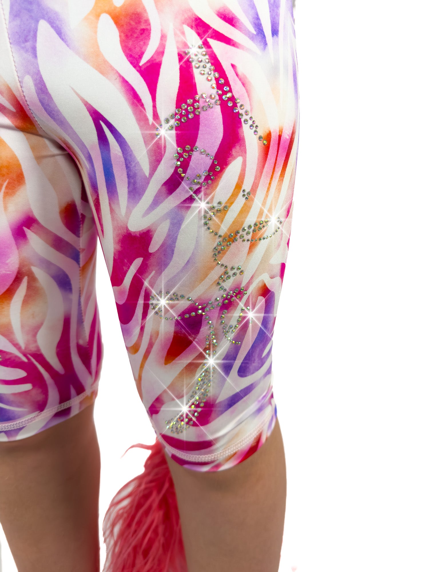Close up front view of rhinestone pastel zebra shorts leggings with a tail by Tailys.