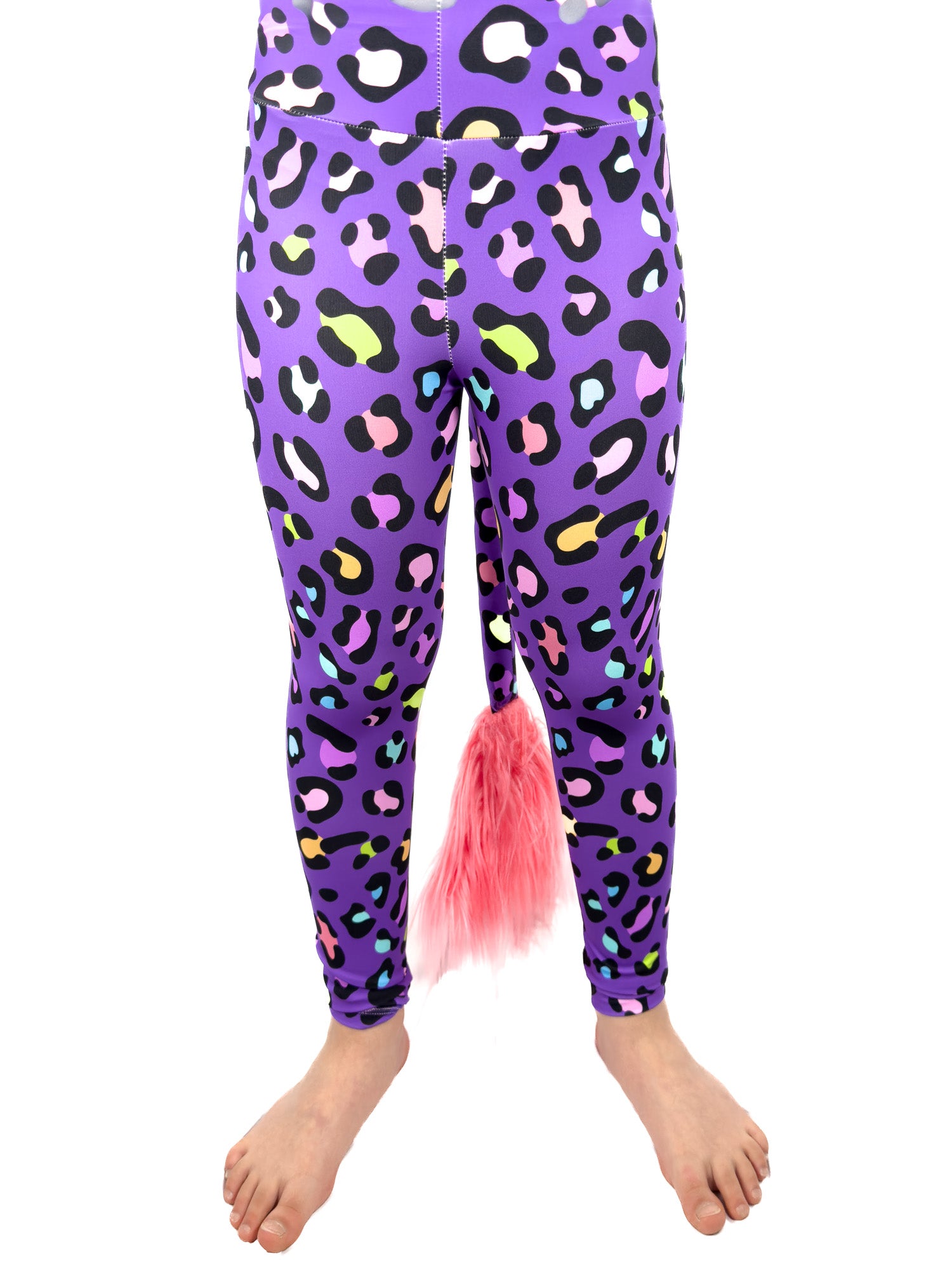 Front view Original Purple Cheetah Print Girls Athletic Leggings with Tail by Tailys.