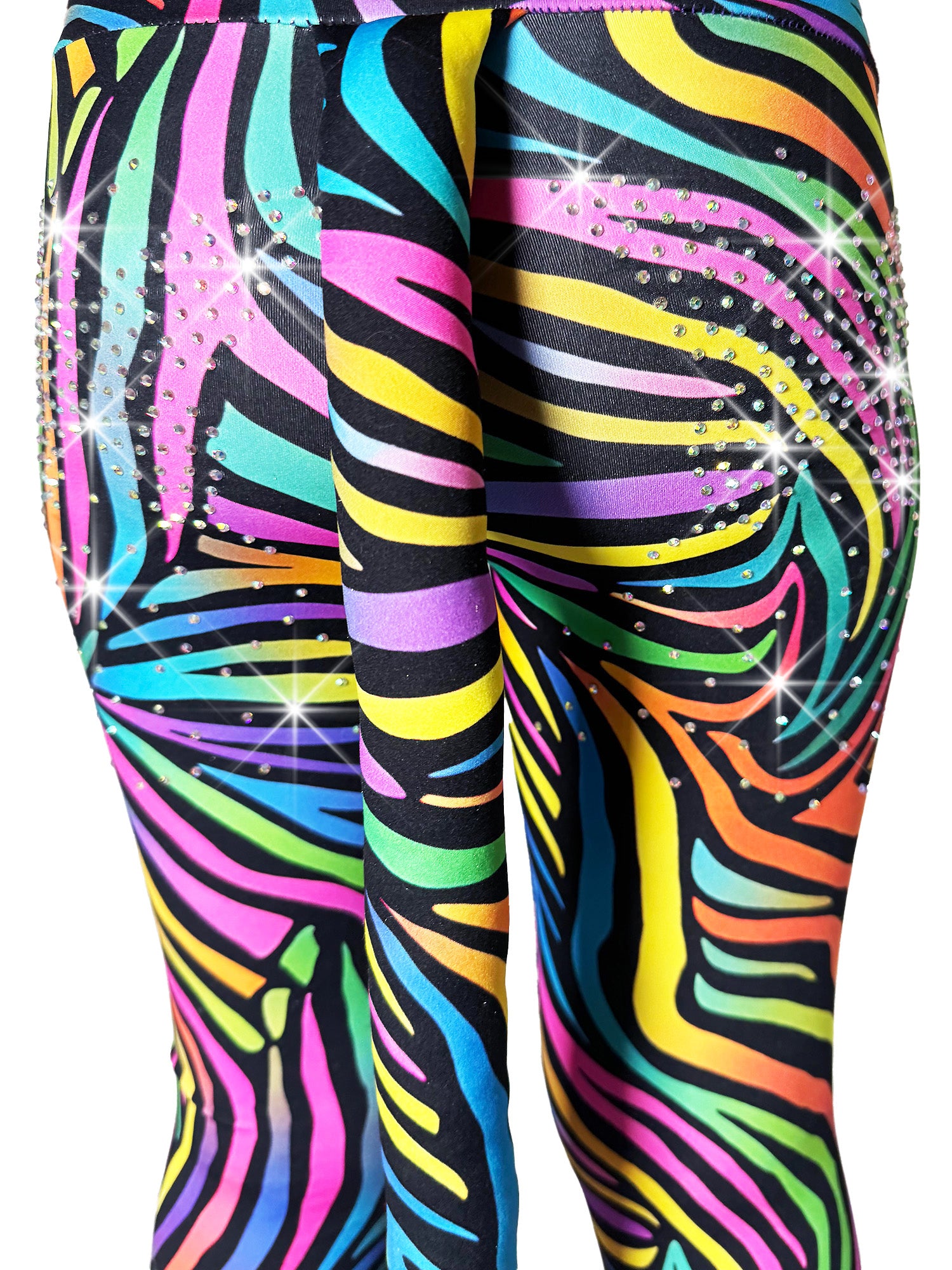 close up back view of Rainbow Zebra Leggings Rhinestone tail pants by Tailys.