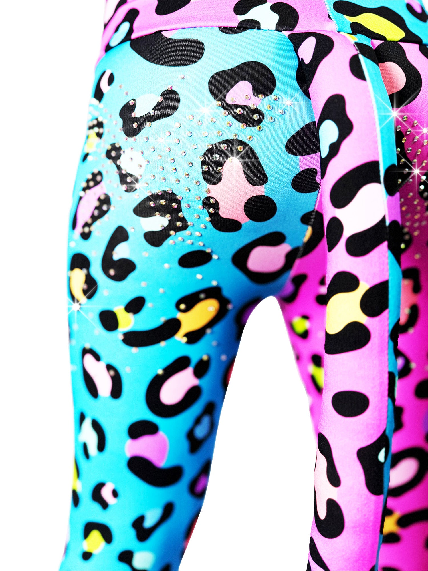 Closeup back view of wo Tone Pants Girls with Tail Pink and Blue Cheetah leggings, with rhinestones
