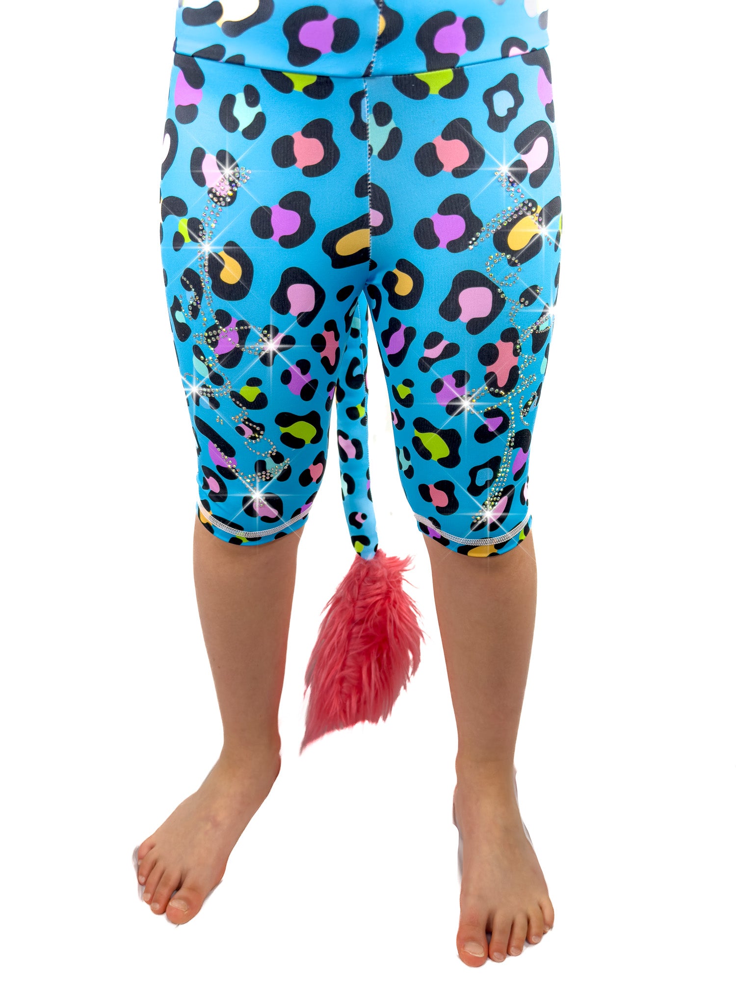 Front view of Tailys rhinestone shorts for girls blue leopard print leggings tail pants.