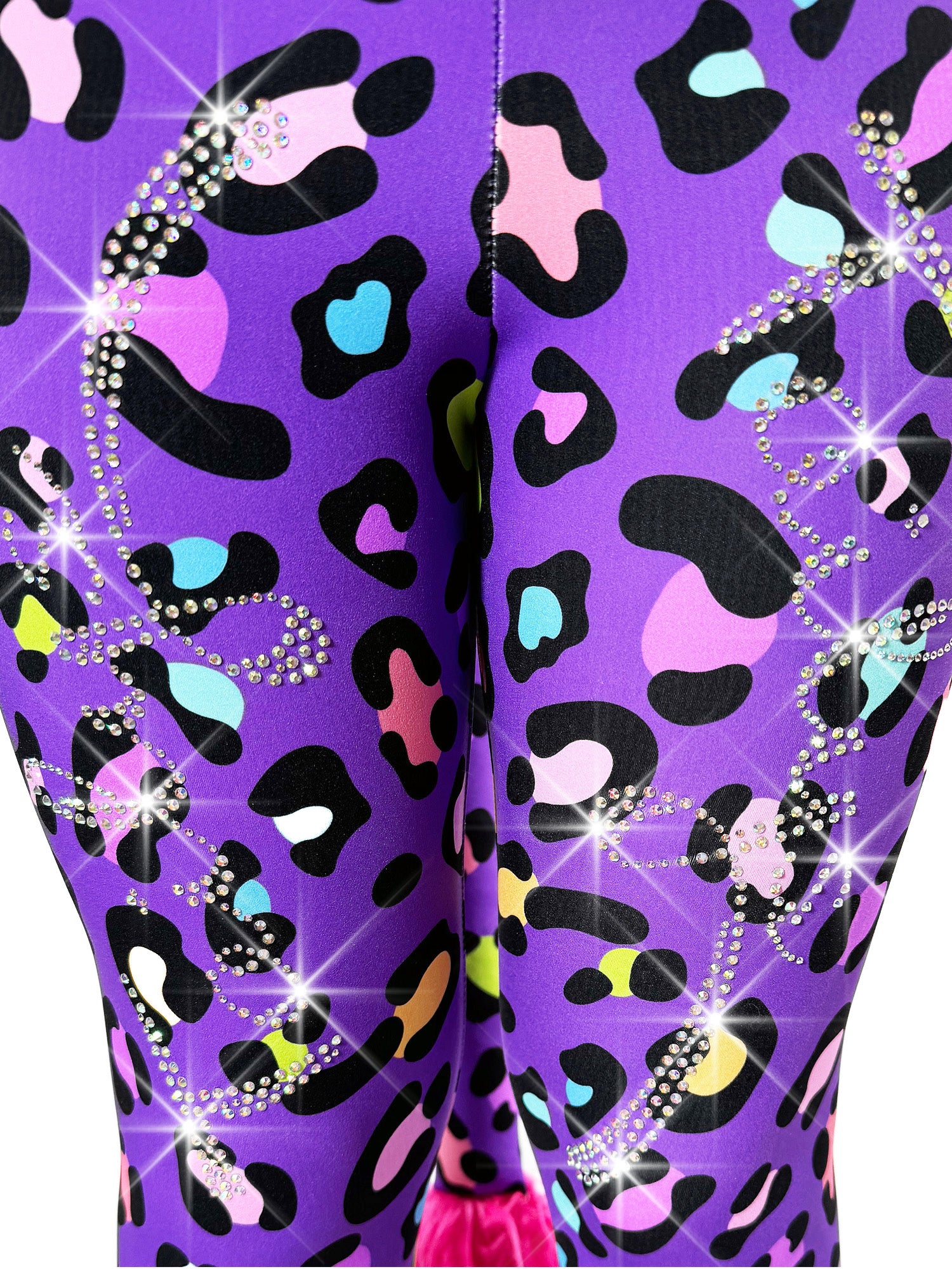 Front closeup of Tailys custom yoga pants leggings, purple leopard fabric, with a beautiful tail and sparkling rhinestones