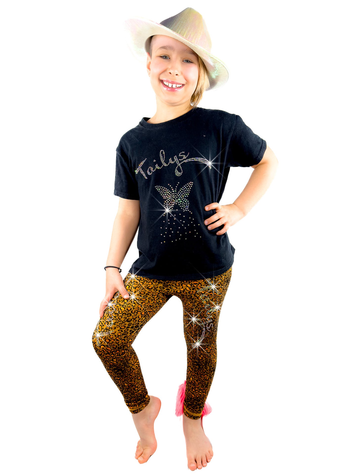 Cute girl wearing Brown Cheetah Leggings with Rhinestones and Tail by Tailys