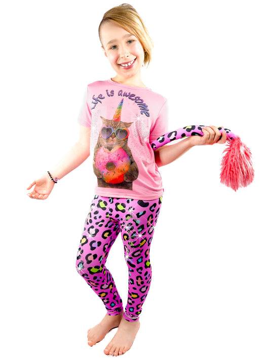 Cute girl wearing Pink Leopard Leggings Rhinestones Tail Pants for Girls by Tailys.