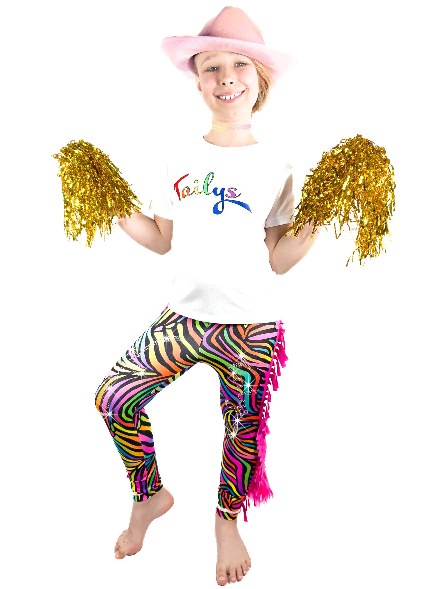 Girl wearing Rainbow Zebra Print Leggings Tail Pants with Ruffles by Tailys.