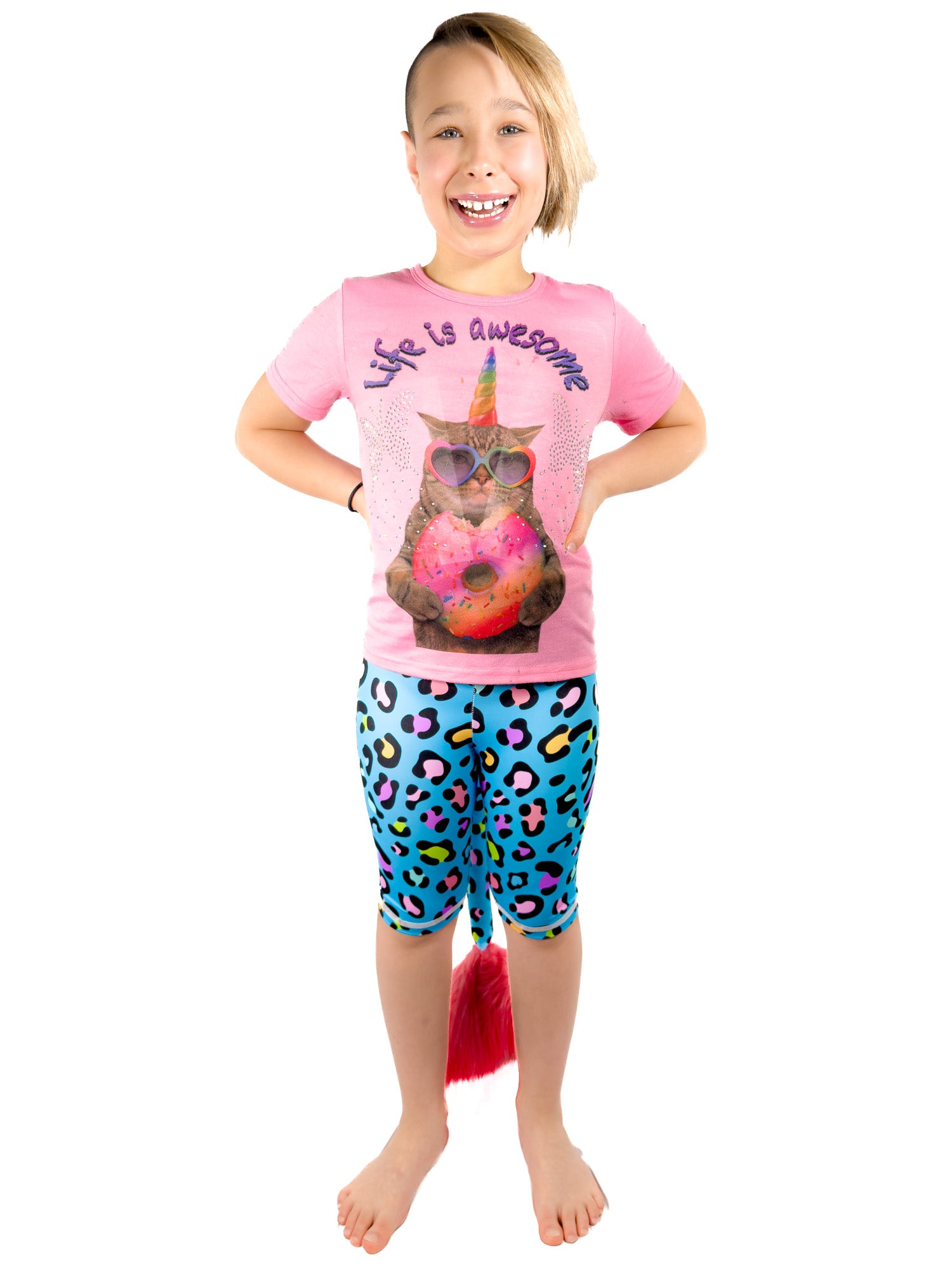Full front view of Tailys shorts for girls blue leopard print leggings tail pants.