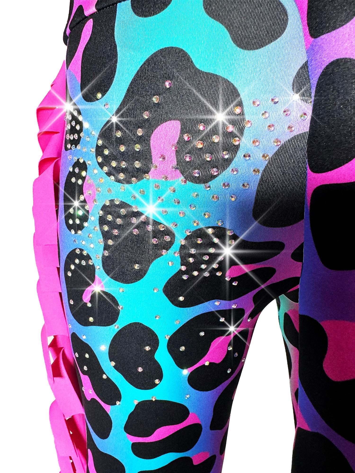Detailed back close up of Rainbow Leopard print Leggings Tail Pants with Frills by Tailys.