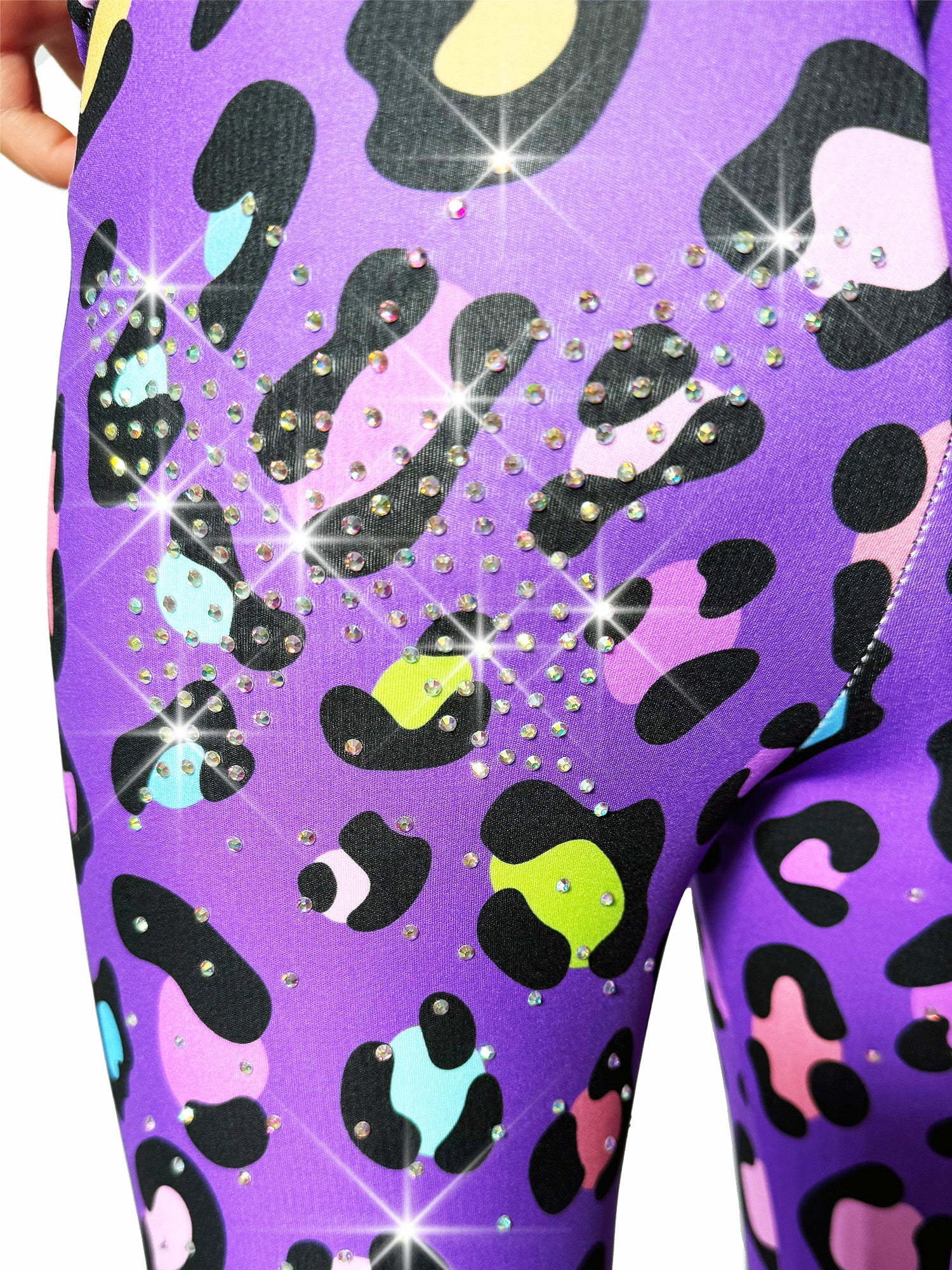 Back detail of Tailys custom yoga pants leggings, purple leopard fabric, with a beautiful tail and sparkling rhinestones