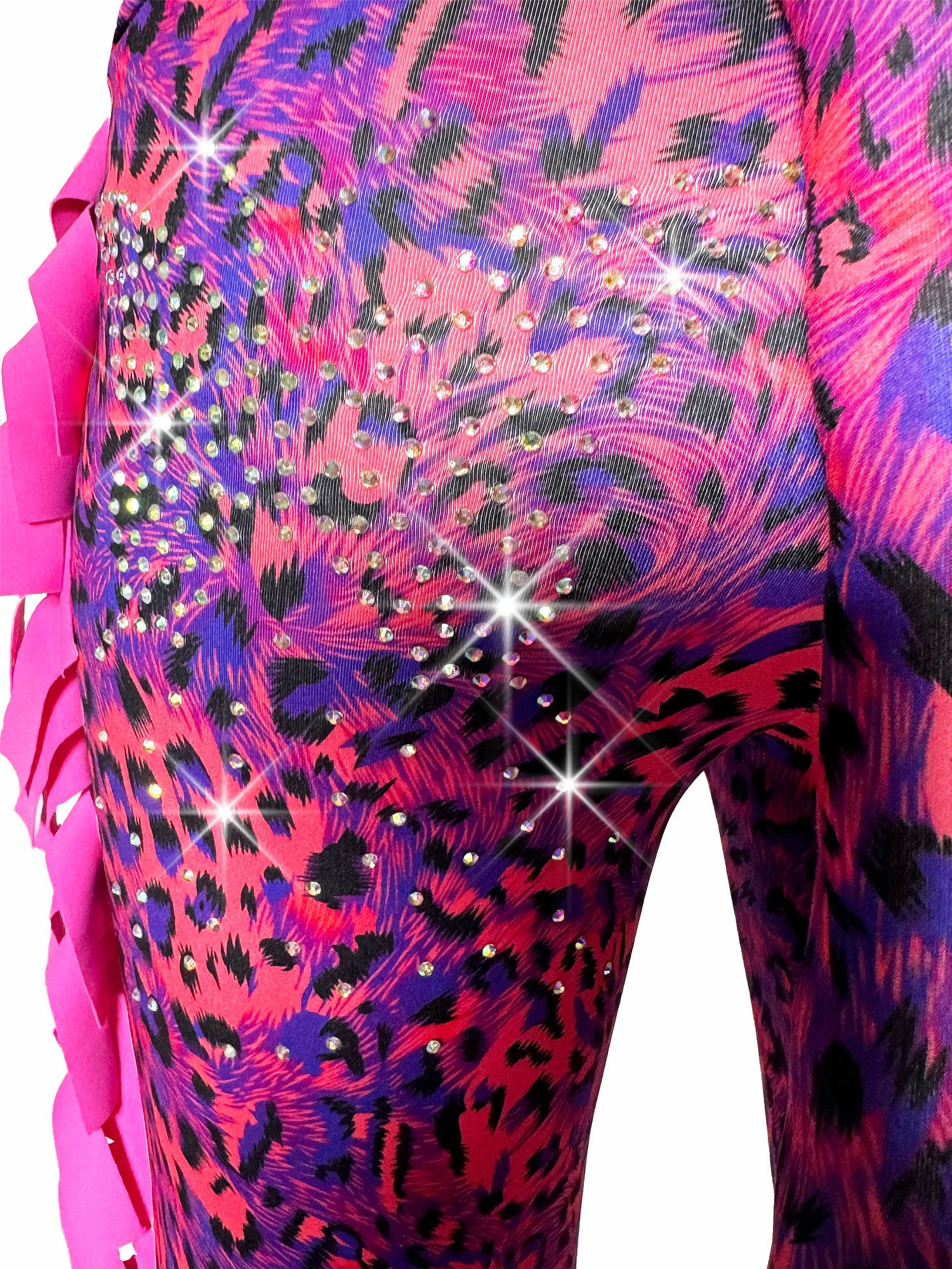 Close up back view of Red and Blue Leggings Leopard Print Tail Pants with Ruffles and rhinestones for girls by Tailys.
