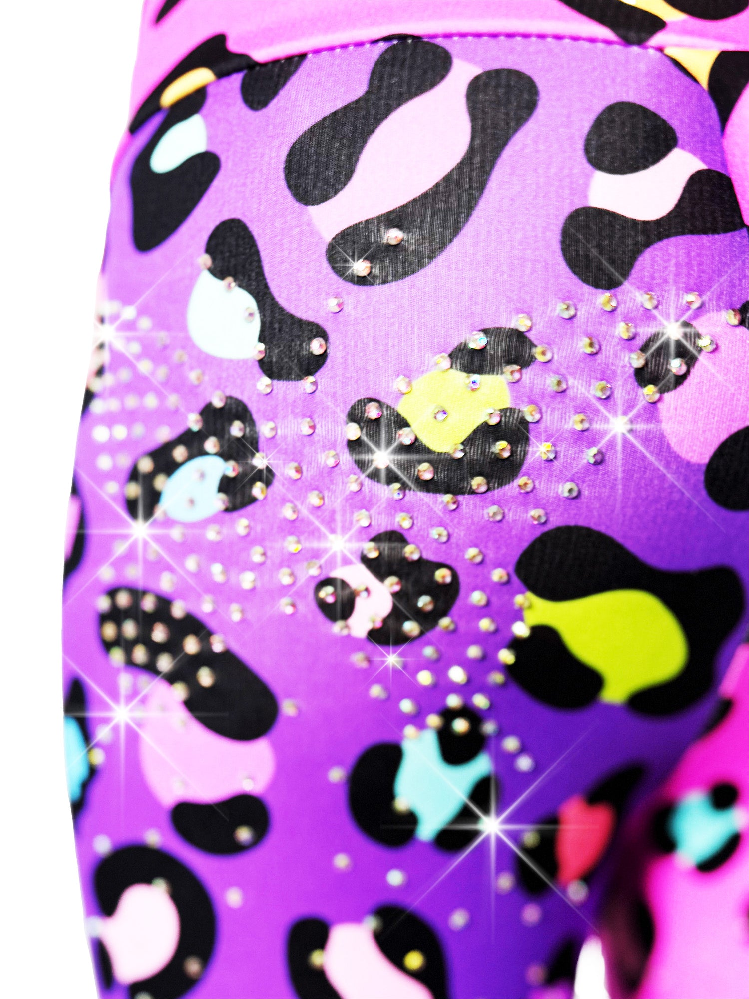 Close up back view of Tailys two tone leggings girls tail pants, pink and purple Cheetah print fabric with rhinestones.