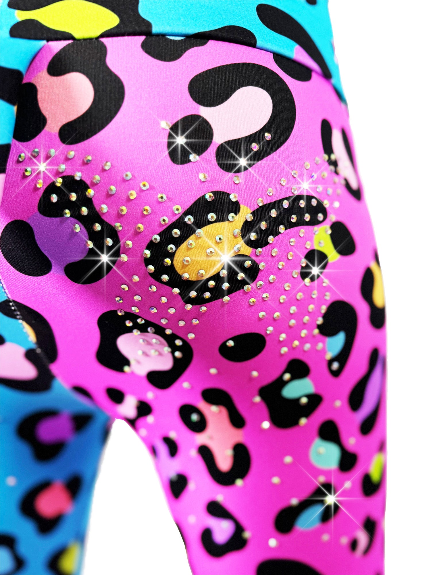 Right closeup back view of two Tone Pants Girls with Tail Pink and Blue Cheetah leggings, with rhinestones