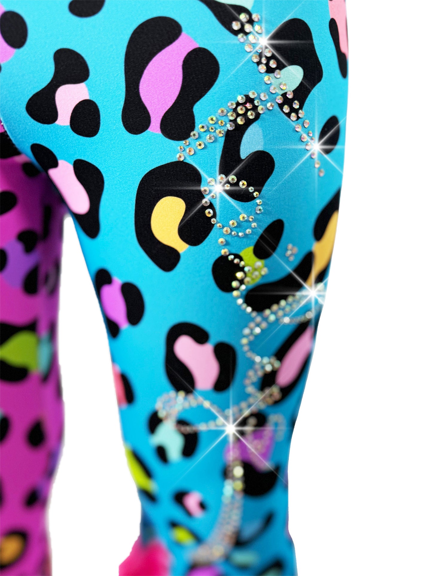 Close up view of two Tone Pants Girls with Tail Pink and Blue Cheetah leggings, with rhinestones