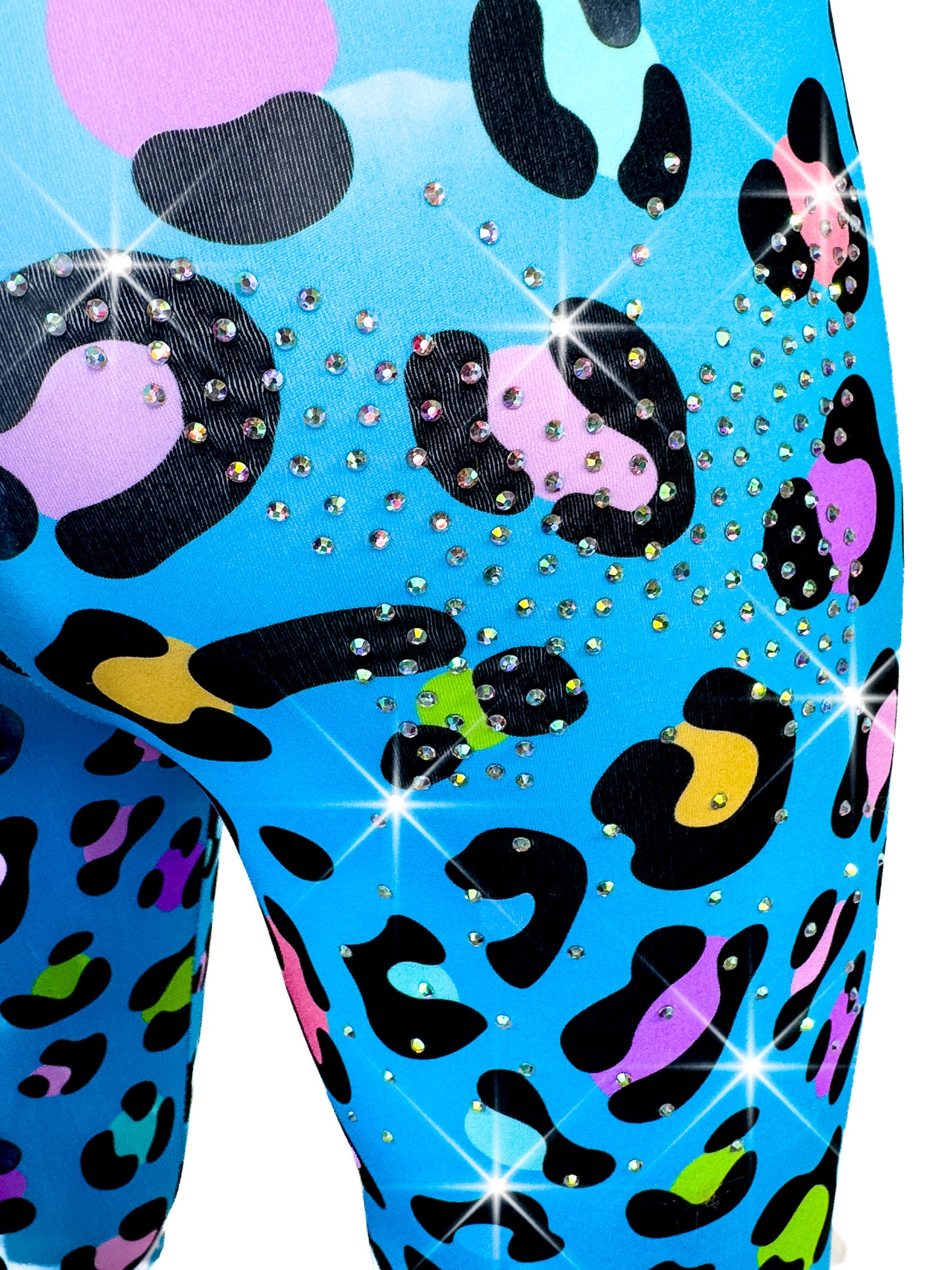 Detailed back view of Tailys rhinestone shorts for girls blue leopard print leggings tail pants.