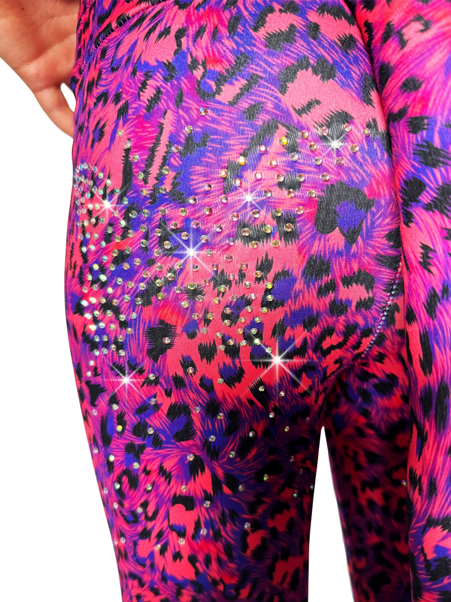 detail back view of Blue and Red Leggings Leopard Print Tail Pants rhinestones by Tailys