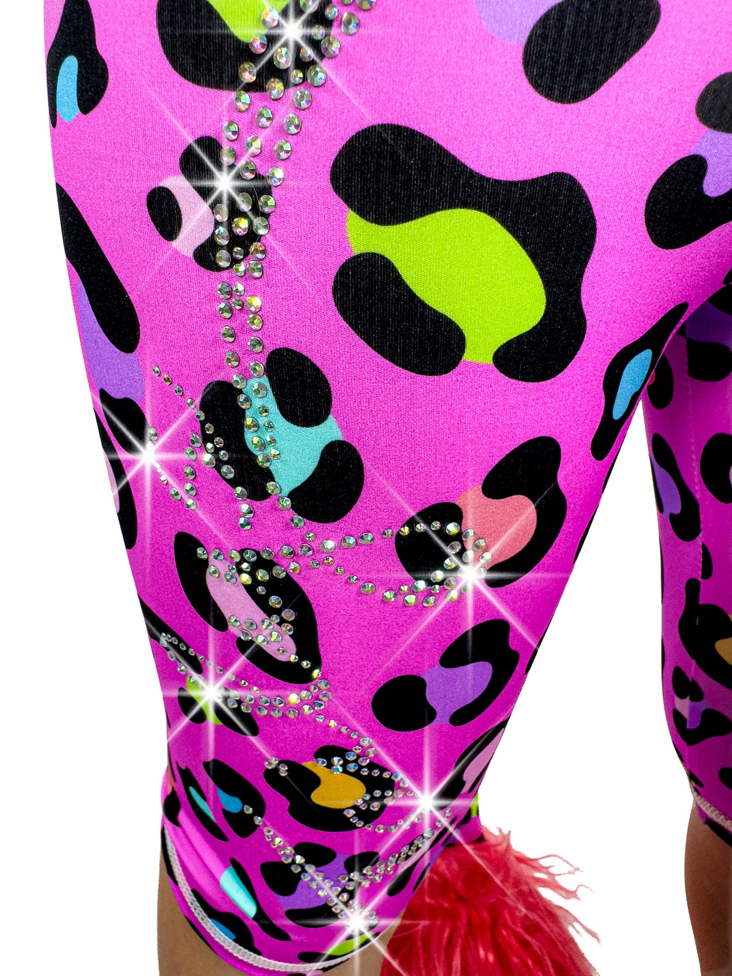 Close up front view of Tailys sparkly rhinestone shorts for girls leopard print pink leggings tail pants.