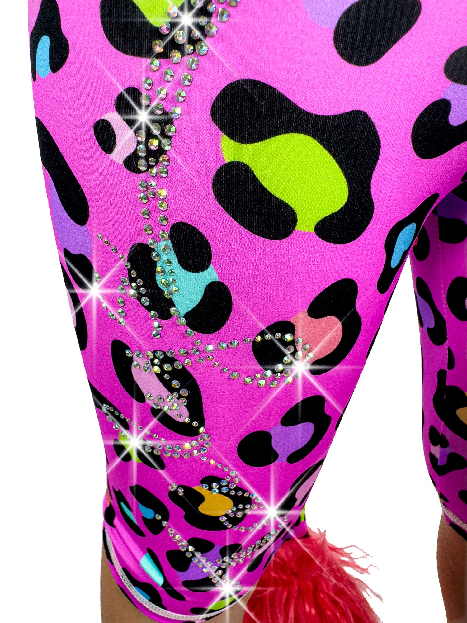 Close up front view of Tailys sparkly rhinestone shorts for girls leopard print pink leggings tail pants.