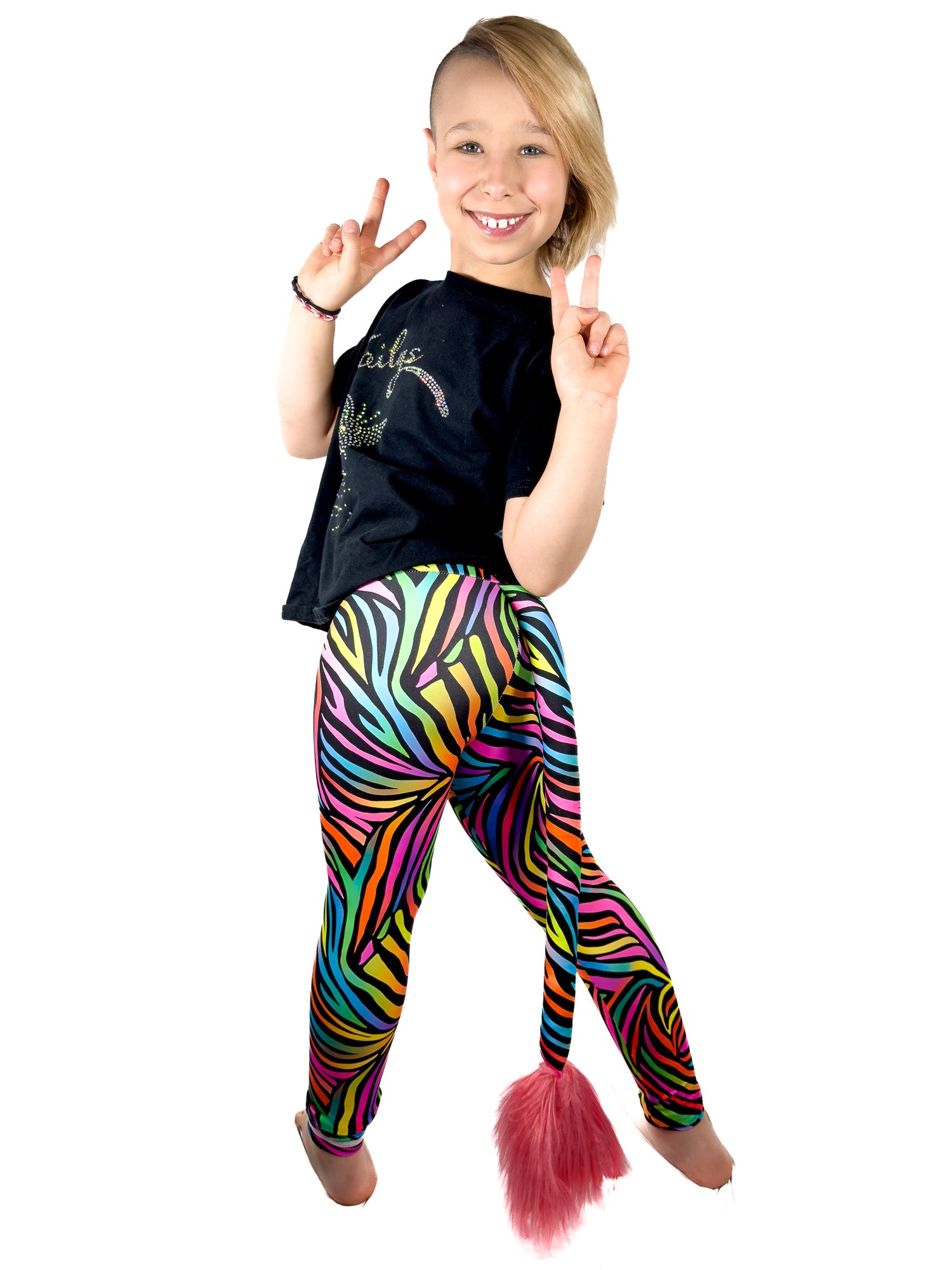 Sweet girl wearing original rainbow zebra leggings with rhinestones girls tail pants.