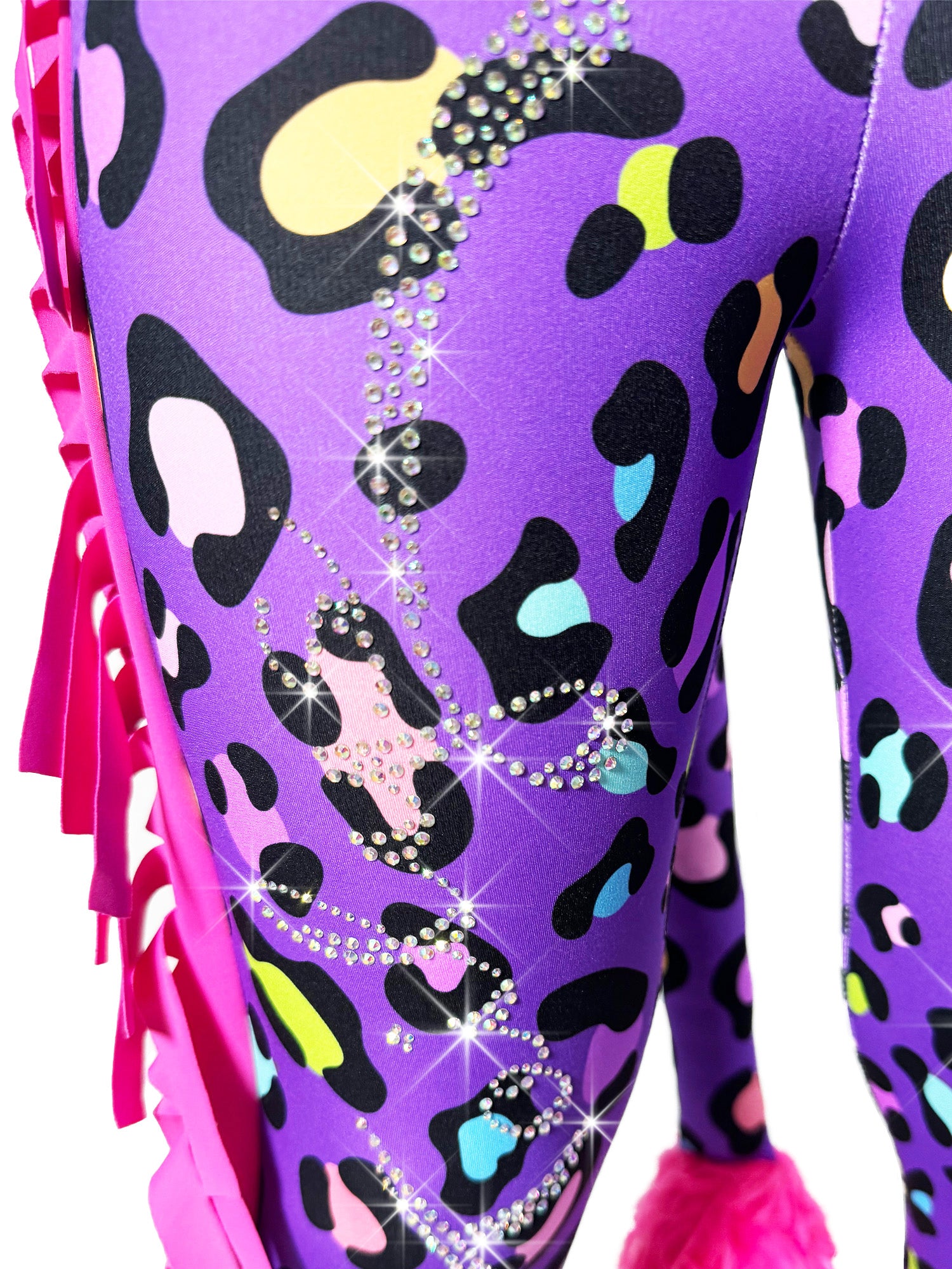 Close up front view of Purple Leopard Print Girls Pants with Frills, Tail and Rhinestones by Tailys.