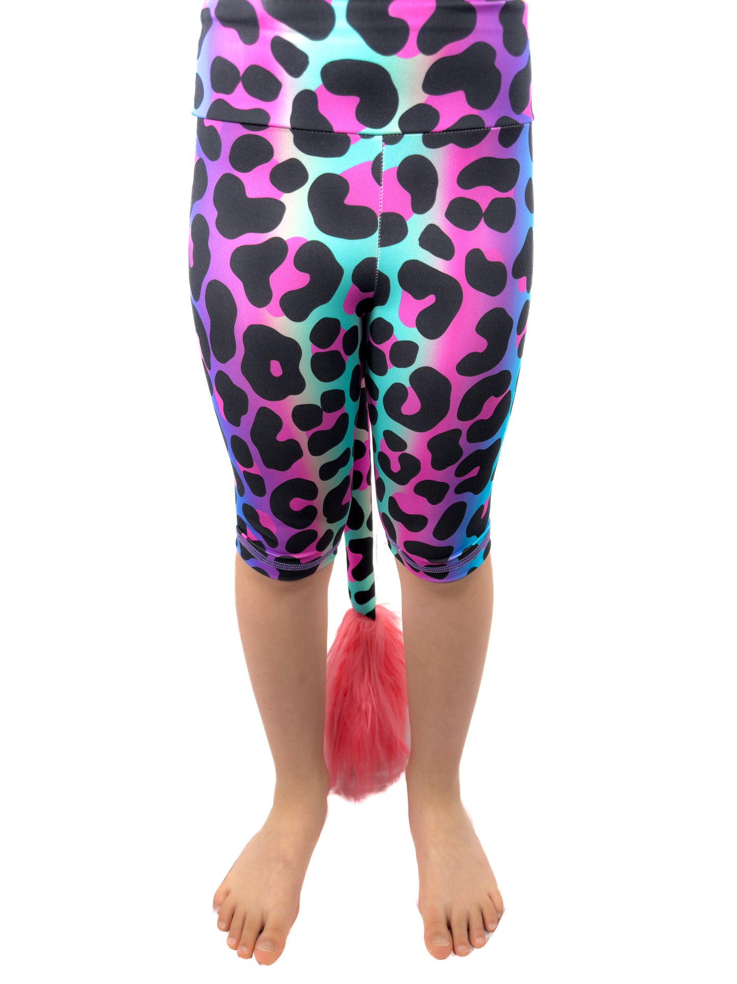 Front view of Tailys cute shorts for girls rainbow leopard leggings tail pants.