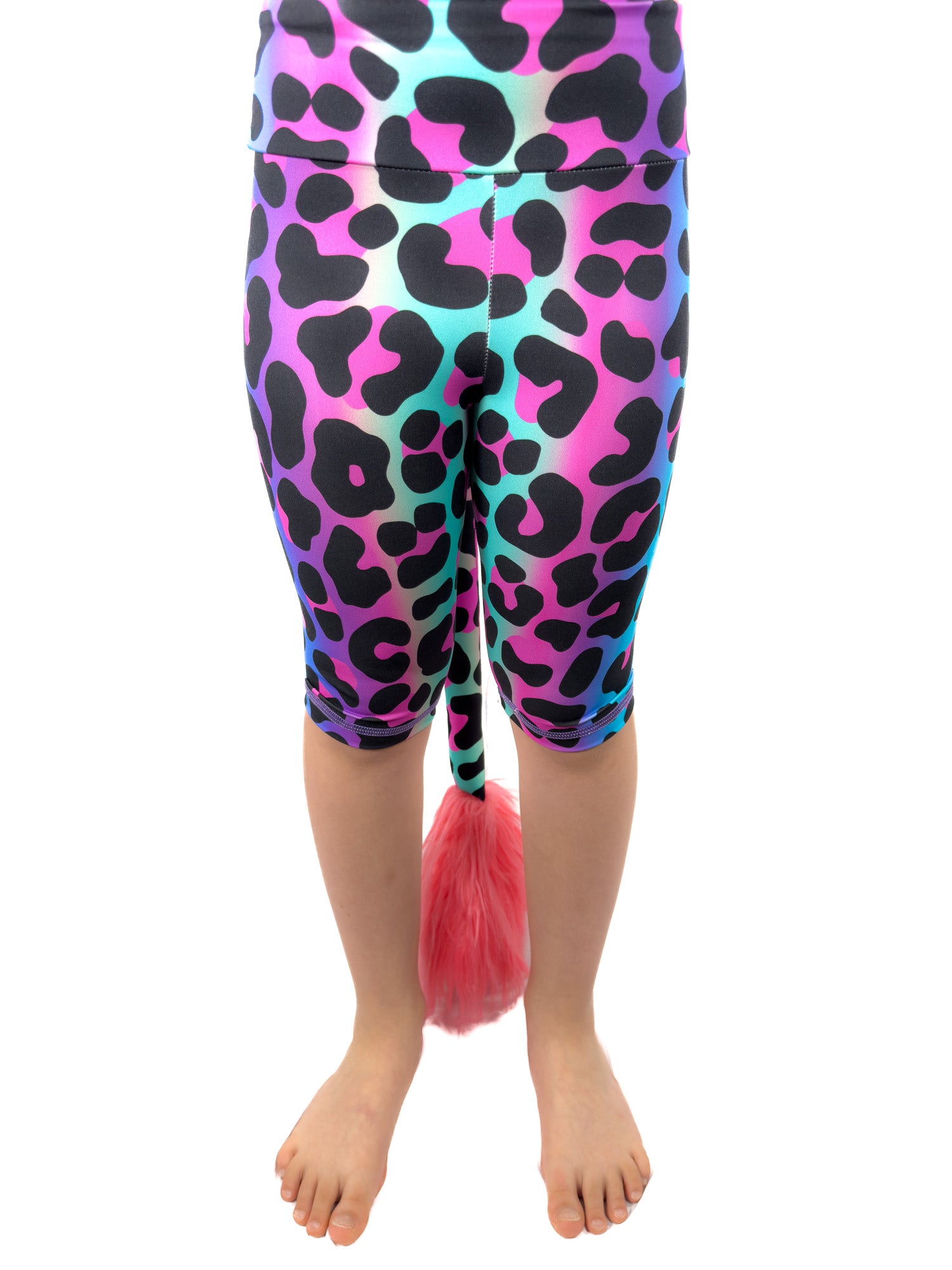 Front view of Tailys cute shorts for girls rainbow leopard leggings tail pants.